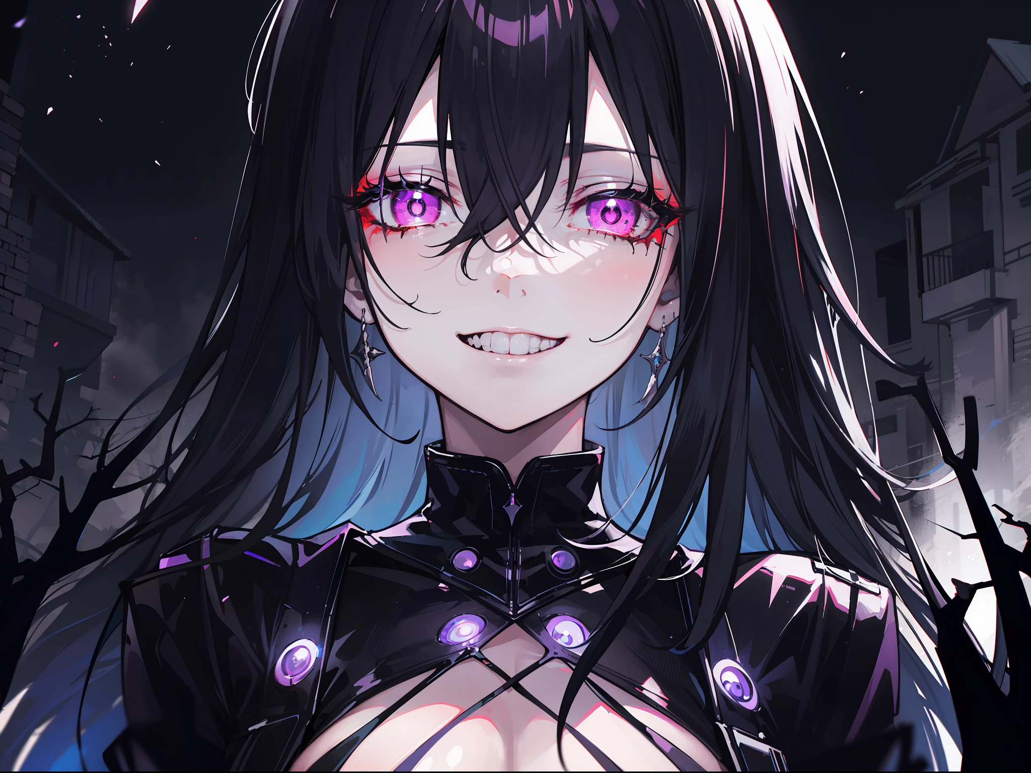 "Epic dark atmosphere, stunning 4k artwork featuring a confident black haired girl. Her captivating, glowing sharp purple eyes illuminate the scene. She was outside and looked on with glowing scary eyes and psychopath smile."