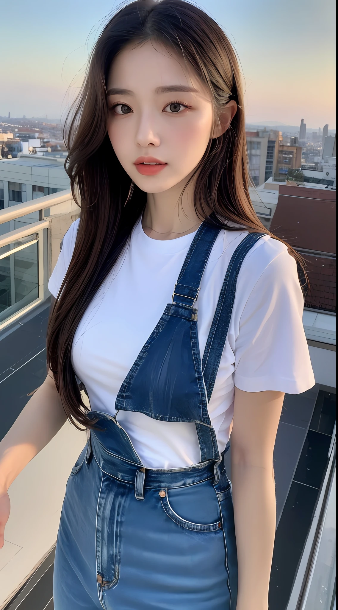 ((Midnight, Best quality, 8k, Masterpiece :1.3)), Whole body, Long legs, Sharp focus :1.2, A pretty woman with perfect figure :1.4, Slender abs :1.1, ((Dark brown hair, Big breasts :1.2)), (White tight tshirt, Jean bib, Standing:1.2), ((Night city view, Rooftop:1.3)), Highly detailed face and skin texture, Detailed eyes, Double eyelid