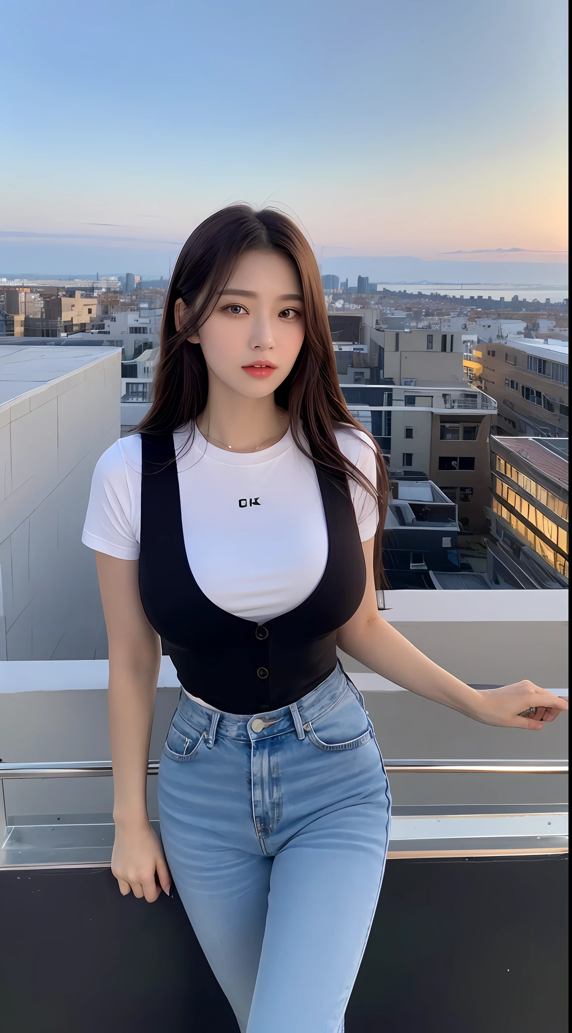 ((Midnight, Best quality, 8k, Masterpiece :1.3)), Whole body, Long legs, Sharp focus :1.2, A pretty woman with perfect figure :1.4, Slender abs :1.1, ((Dark brown hair, Big breasts :1.2)), (White tight tshirt, Jean bib, Standing:1.2), ((Night city view, Rooftop:1.3)), Highly detailed face and skin texture, Detailed eyes, Double eyelid