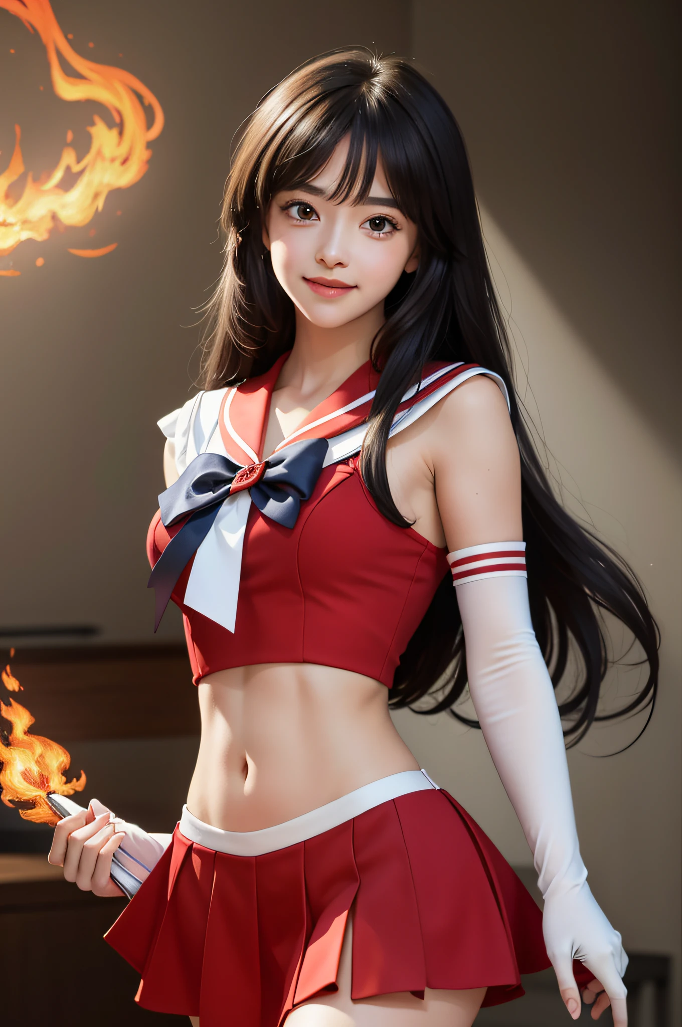 masterpiece, best quality, absurdres, perfect antomy, 1girl, solo, SMMars, very long hair, parted bangs, sailor senshi uniform, red sailor collar, red skirt, elbow gloves, standing, cowboy shot, smile, cartoon flames in background, stylized background