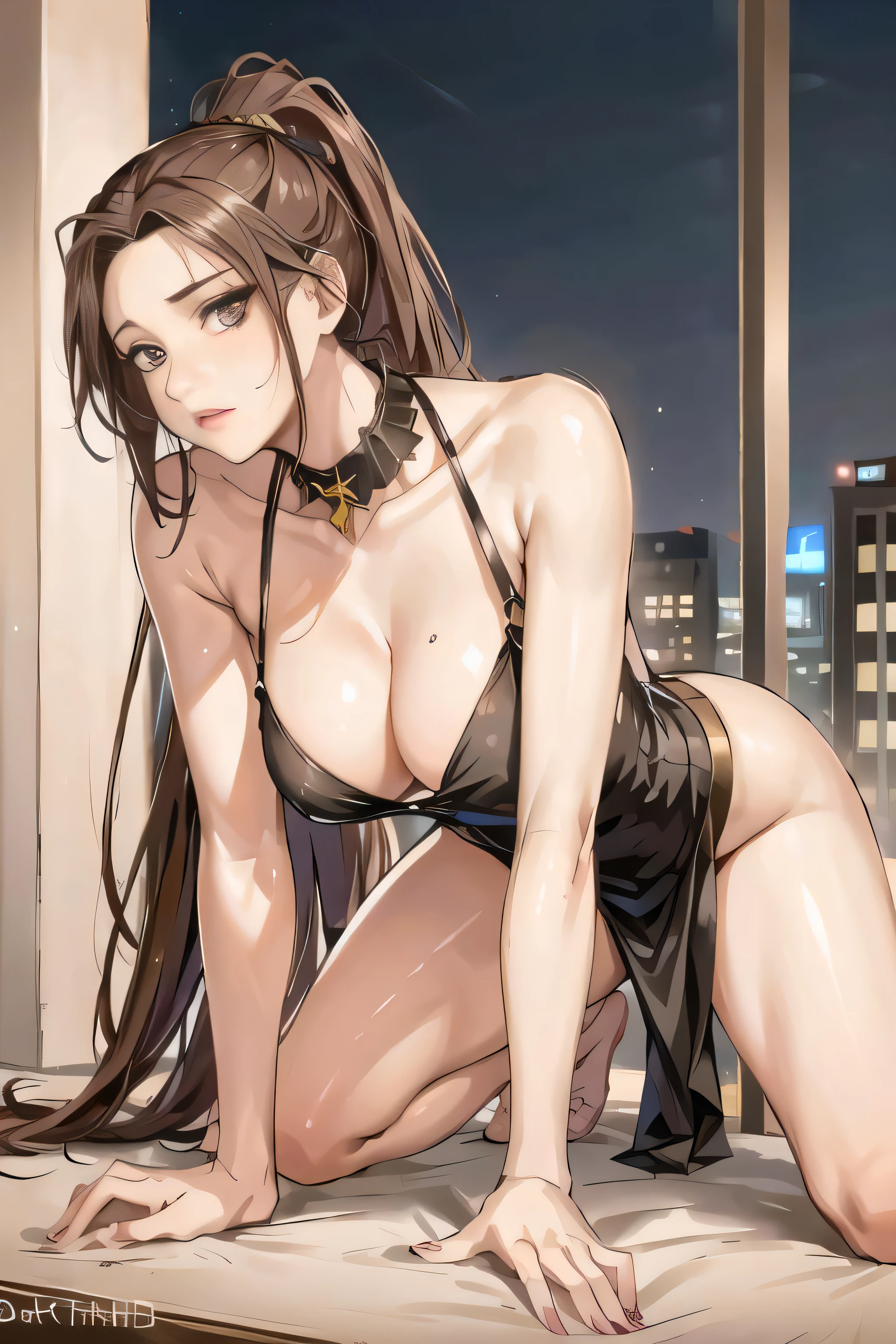 woman posing for a photo, (wearing deep_v-neck_dress:1.2), (long_ponytail_hairstyle:1.3),
good hand,4k, high-res, masterpiece, best quality, head:1.3,((Hasselblad photography)), finely detailed skin, sharp focus, (cinematic lighting), night, soft lighting, dynamic angle, [:(detailed face:1.2):0.2],(((5 stars hotel background))),