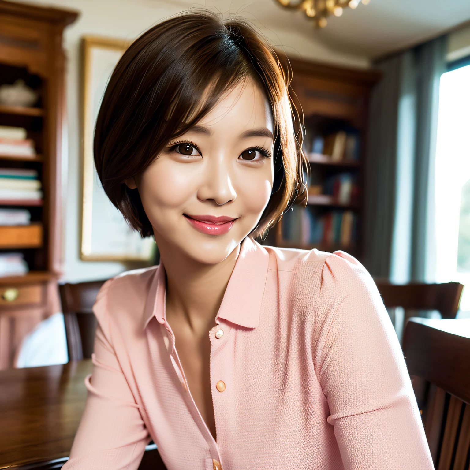portrait, focus on the face, small cheekbone, A rounded midle aged Korean woman (short hair, wearing a pink blouse, small mouth, closed mouth, light smile) reading books, seat on the chair, in the dining room, depth of field