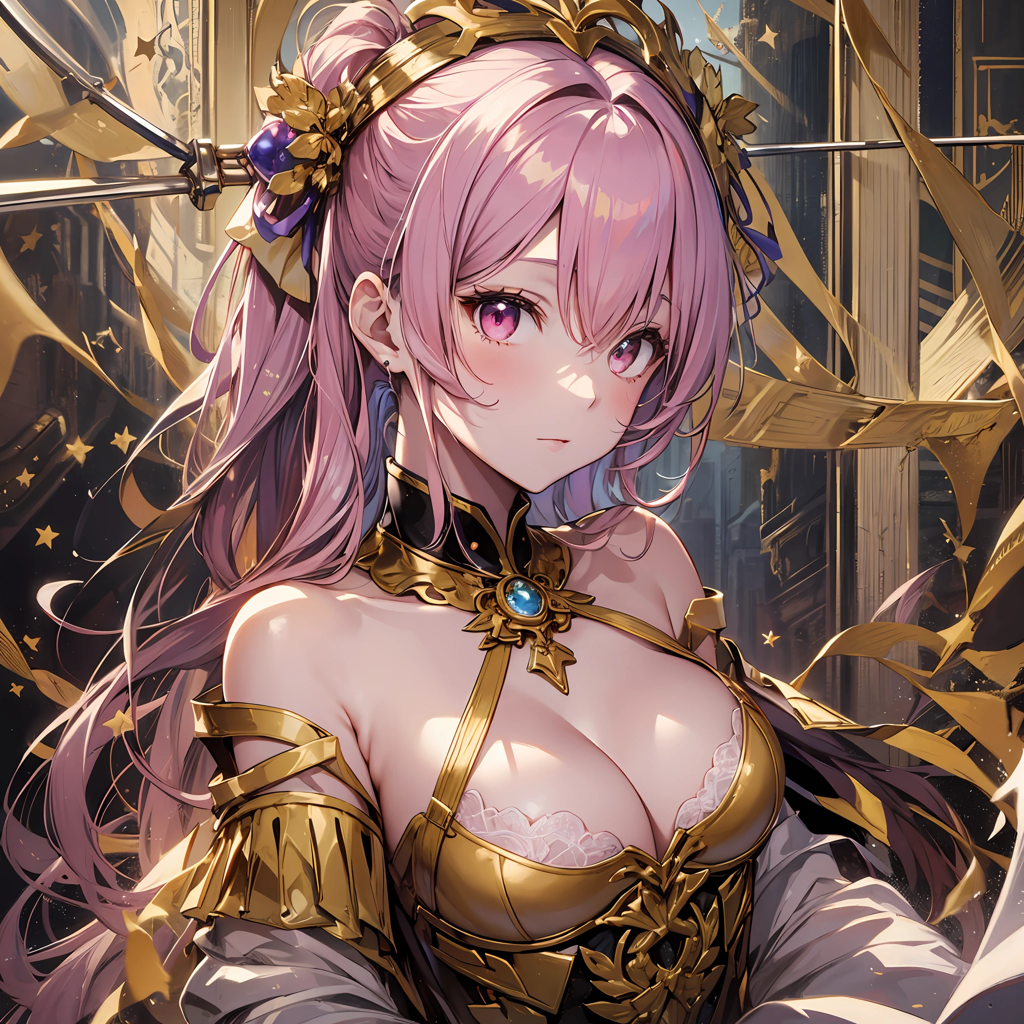 A masterpiece of literary text、best qulity、Asuna\(stars\)、1girls、armature、blushed、breastplate、Pink eyes、Pink hair、Luxury lingerie、Lambent Light、slong hair、Watch your audience、Golden Ribbon、ribbons、scabbard、ponytails Hairy hair Castle room Room with atmosphere small tits