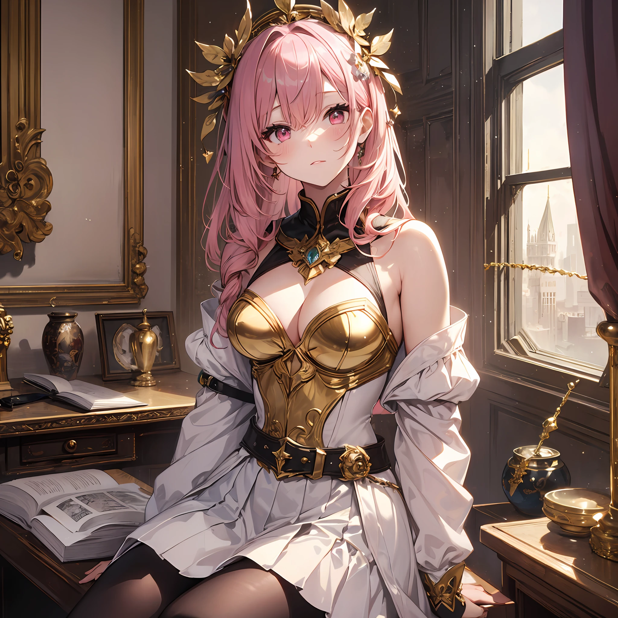 A masterpiece of literary text、best qulity、Asuna\(stars\)、1girls、armature、bare shoulder、blushed、breastplate、Pink eyes、Pink hair、Luxurious dresses、Short skirt、Lambent Light、slong hair、Watch your audience、Golden Ribbon、ribbons、scabbard、White dress ponytails Hairy hair Castle room Room with atmosphere small tits