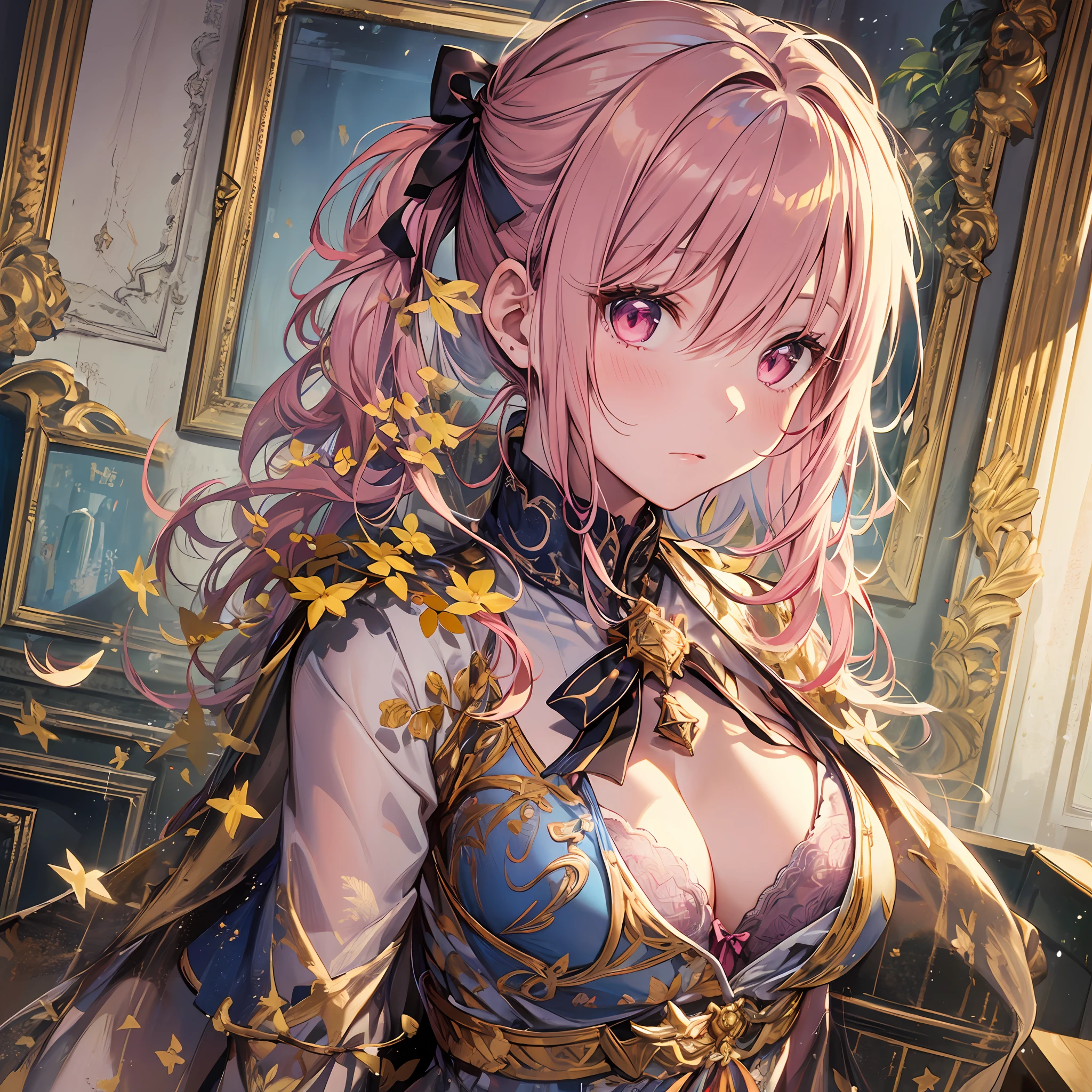 A masterpiece of literary text、best qulity、Asuna\(stars\)、1girls、armature、blushed、breastplate、Pink eyes、Pink hair、Luxury lingerie、Lambent Light、slong hair、Watch your audience、Golden Ribbon、ribbons、scabbard、ponytails Hairy hair Castle room Room with atmosphere small tits