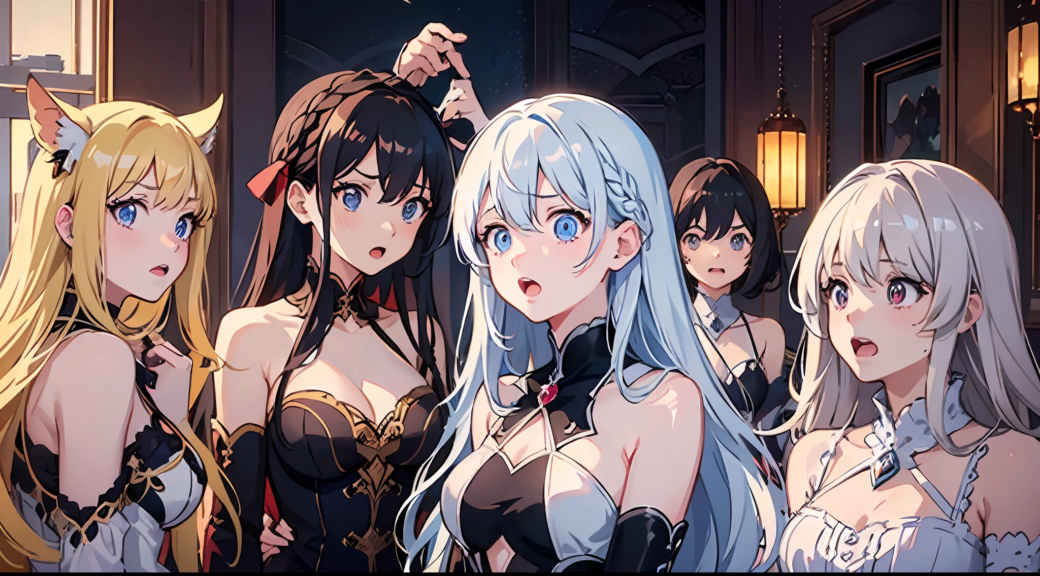 9 girls,different hair colours,withe dress,mature female,Royal sister,Rich and noble families,Time is at night,In the living room of the villa,(surprised:2),looks at the viewer,distance view,exquisite facial features,Clear facial expressions,Anime moe art style,digital anime art,High quality anime art style,Smooth anime CG art,
