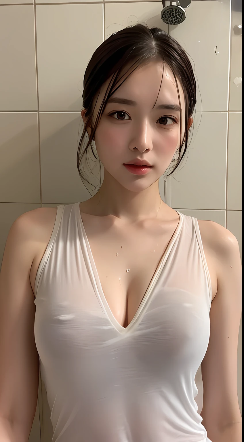 Beautiful handsome woman, ((top quality, 8k, masterpiece:1.3)), pretty woman, 1 woman, huge breasts:1.3, slender figure:1.1, elastic dark brown hair, (shower, wet body, wet clothes:1.1), very detailed face, detailed lips, detailed eyes, double eyelids