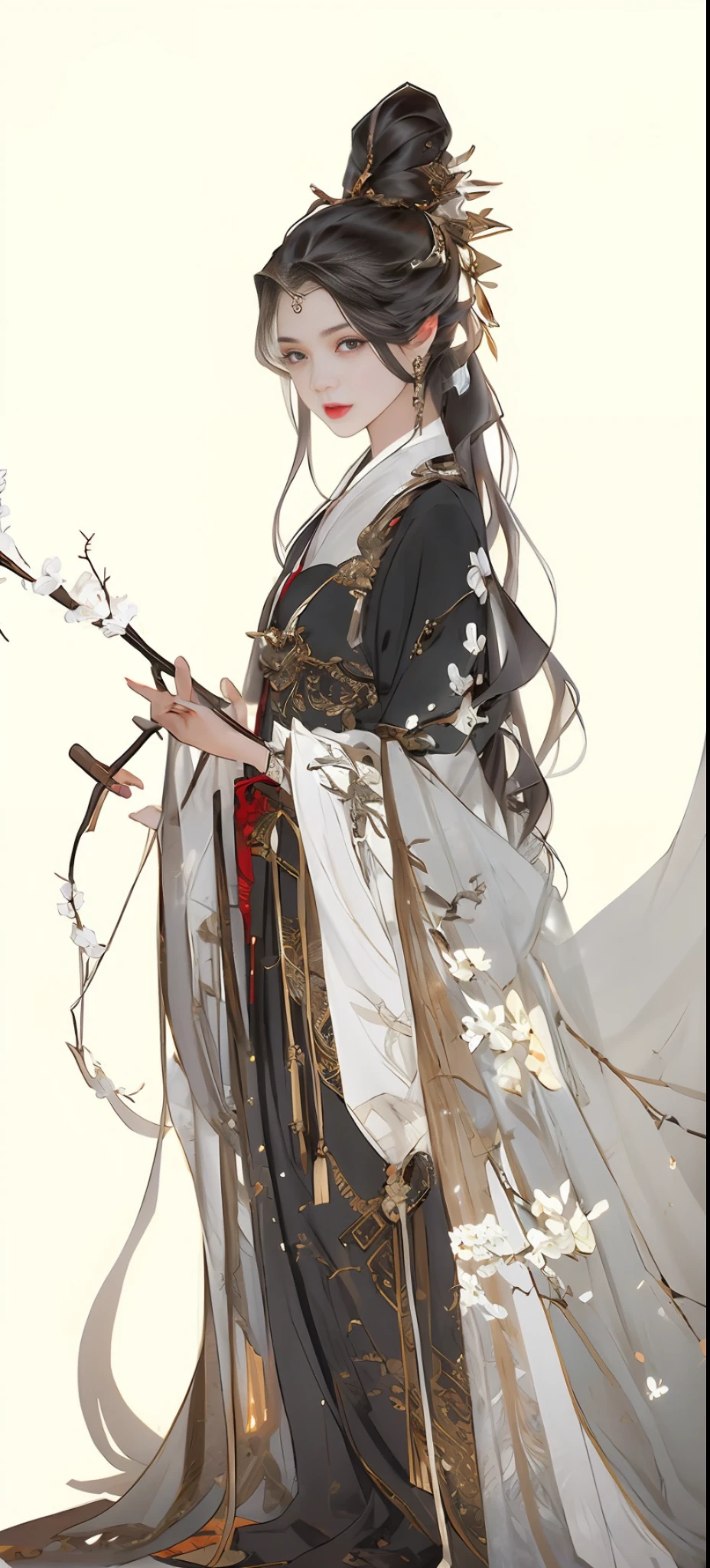 Beautiful details for girls，Very detailed eyes and face，beautiful eyes in detail，is super detailed，high resolutions，Very detailed，The best quality，illustration，exquisite detailing，Best quality，Very detailed CG，8k壁紙，A age girl，woods，Long black hair，a ponytail，Seven Show Sect，Red clothes，blossoms，Complex textures，streamers，Complex background，Full body like