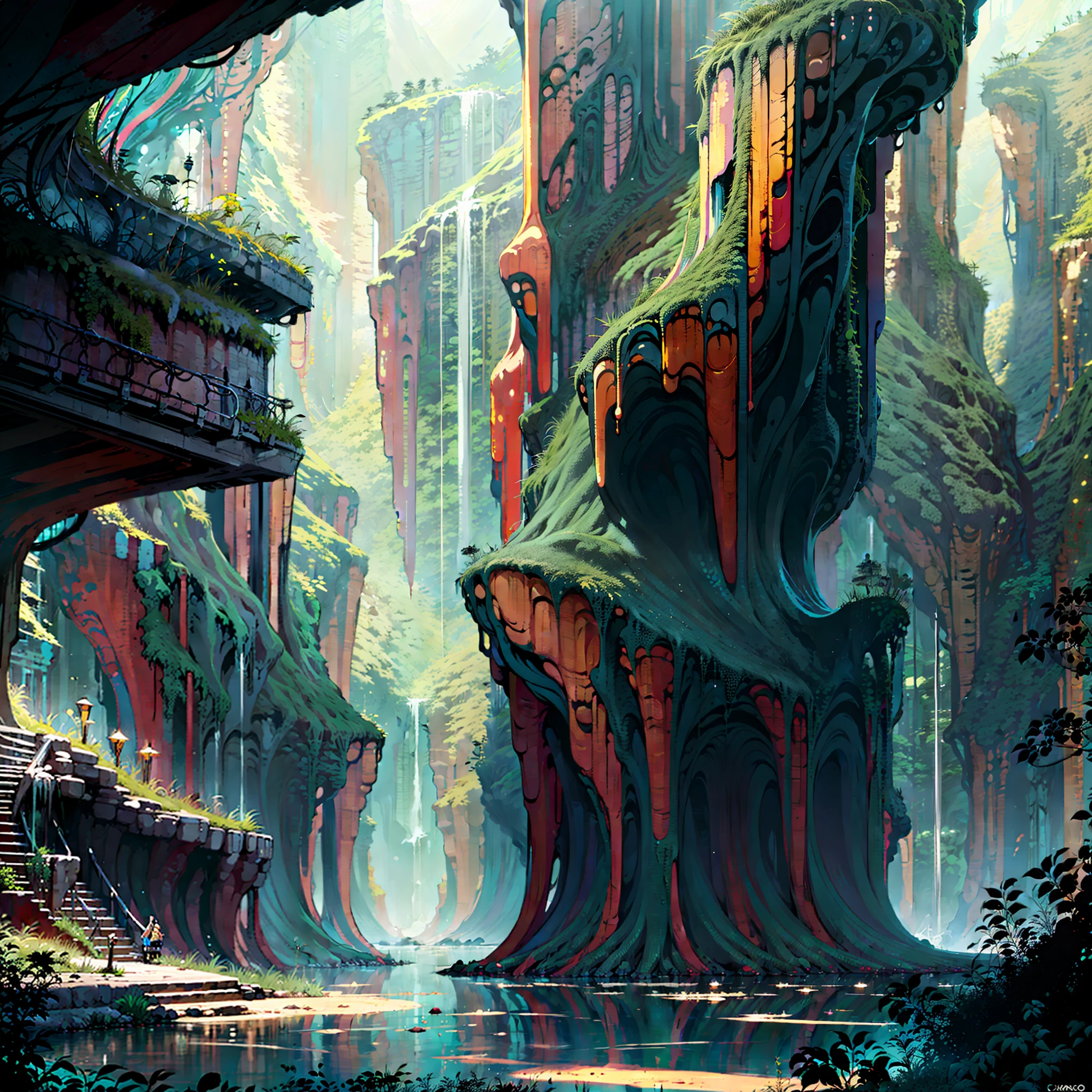 :an awesome sunny cheerful day environment concept art of Futuristic design of cave architecture interiors concept art on grand Canyon caves nature architecture, proportional,detailed, cave architecture nature meets futuristic architecture on a rainforest jungle cliff with huge waterfalls,Crepuscular rays, nature meets modern architecture in the style of Aries Moross, Rem Koolhaas,Daniel Libeskind, Jean Nouvel, Paolo Soleri,Toyo Ito and Philip Johnson with Dry brush drawing style ,Chiaroscuro village,cliff side residential area, mixed development,nature architecture,bright colors,high rise made up staircases, balconies, full of glass facades,carved from rocks, masterpiece, proportional, detailed, trending on artstation, beautiful lighting, realistic, intricate