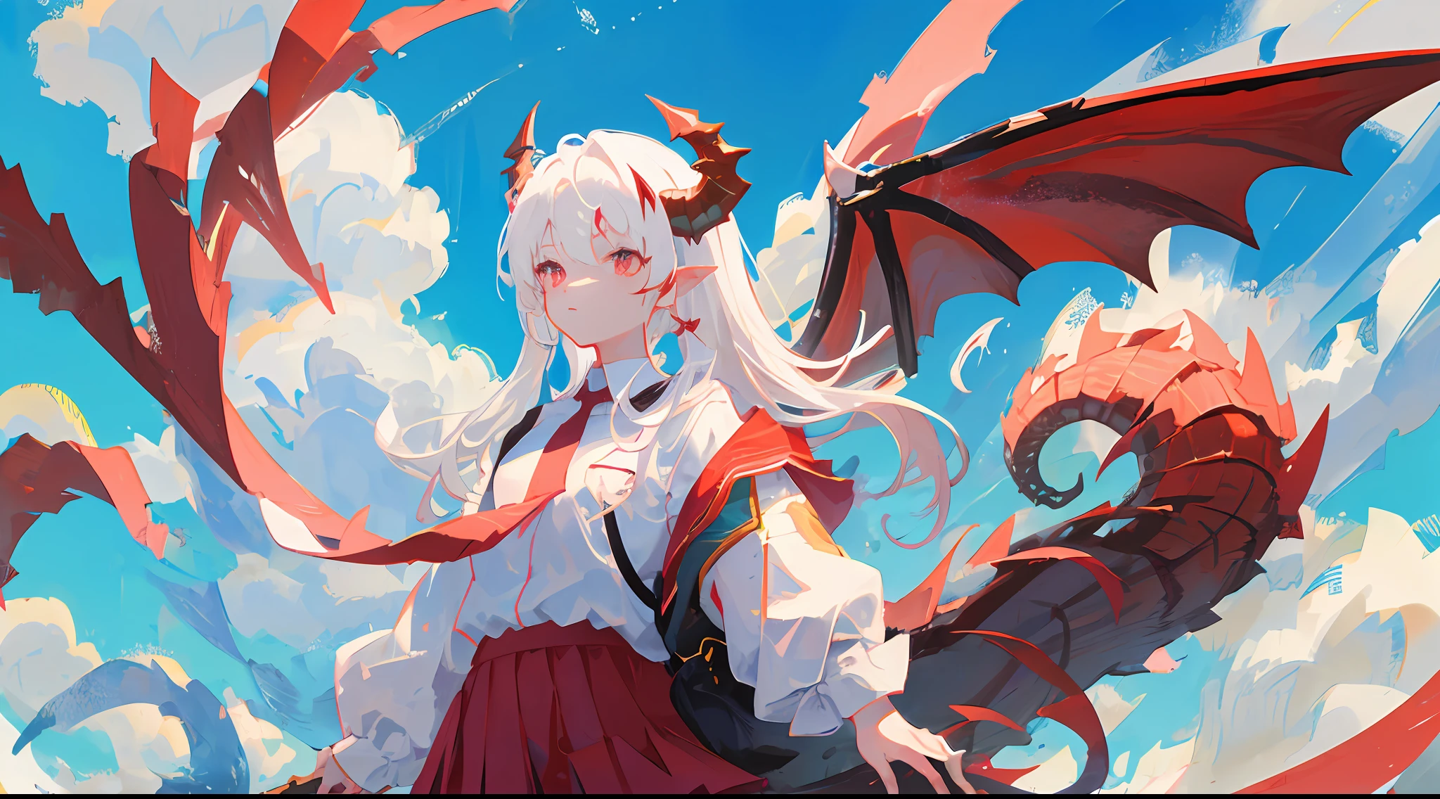 1girl、Dragon、Red eyes、Sharp eye light、Student uniform, white shirt, red necktie、Sorrisos、White hair、Dragon Wings、Dragon's horn、Dragon's tail, sky, blue sky, flying