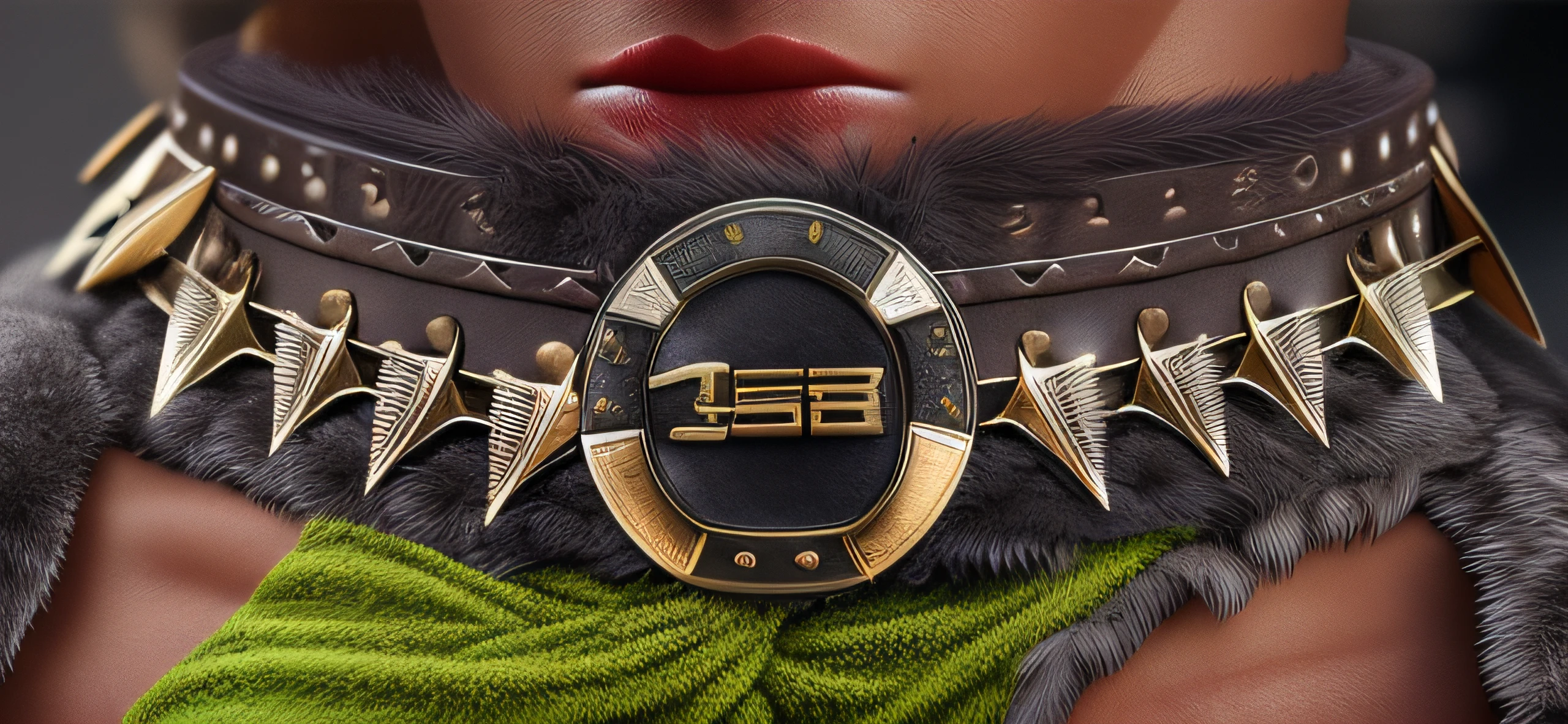 Fur belt, rough belt in the middle, animal tooth decoration hanging on the top, real texture,  bloom, ((cold light)), sharp focus, photo realistic, detailed skin, background out of focus, cinematic composition ,  ultra-detailed, realistic, hyper-realistic, volumetric lighting, 8k, trending on artstation,(from side:1.25)