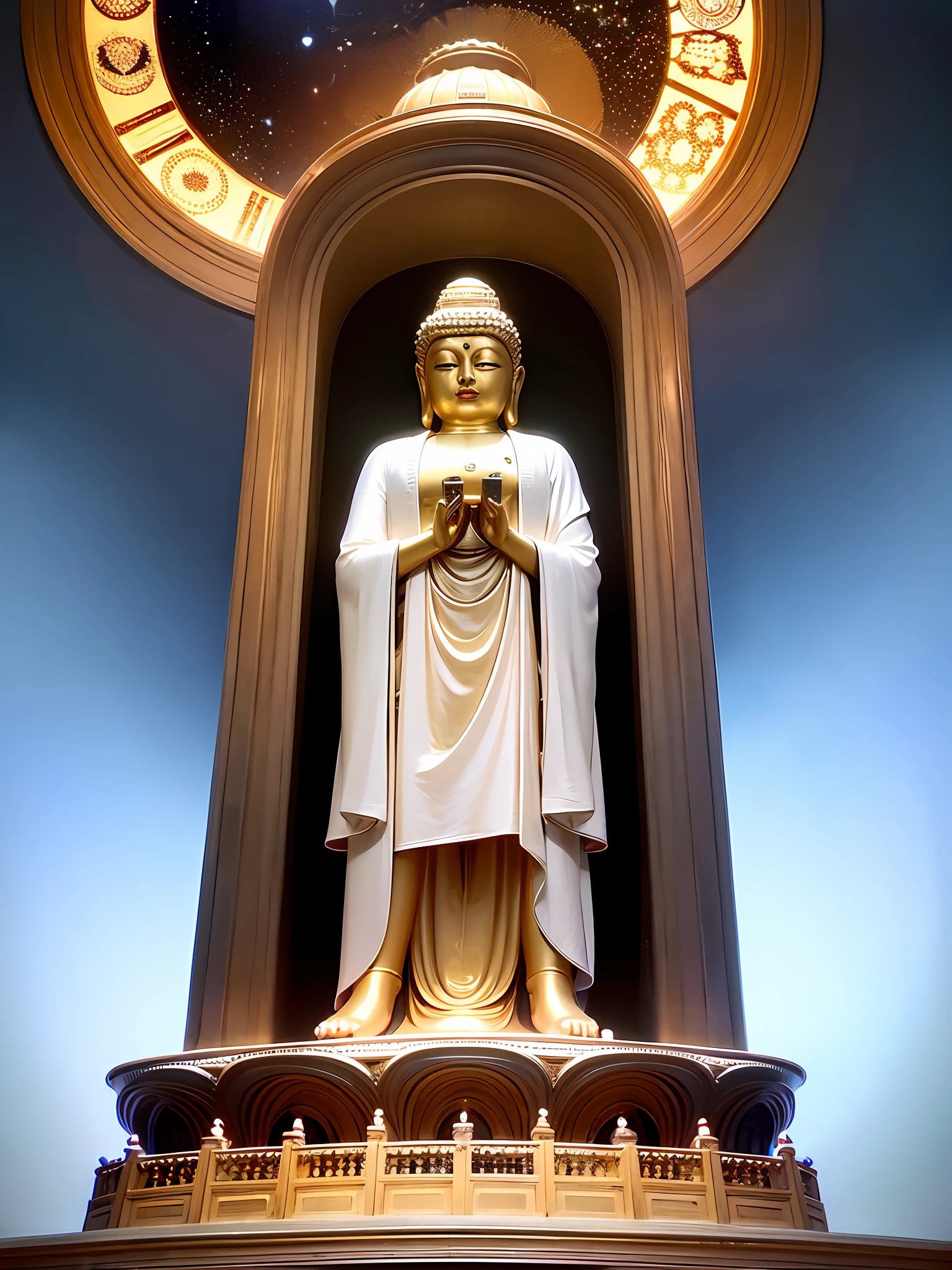 Maitreya, Maitreya Buddha, Maitreya, a large golden Buddha statue sitting in a room with a blue ceiling and a background of blue sky, clouds, above_clouds, airship, aurora, bridge, building, castle, chimney, city, city_lights, cityscape , clock, clock tower, clouds, cloudy sky, constellations, crescent, desert, earth_\(planet\), fireworks, floating islands, fountains, galaxies, glowing, houses, islands, lampposts, lanterns, light particles , galaxy, moon, mountain, night, night sky, no_humans, planet, landscape, meteor, sky, skyline, skyscraper, snow, snowing, space, star_\(sky\), star_\(symbol\), starry_sky, starry_sky_print, telescope, tower, town, twilight, ship