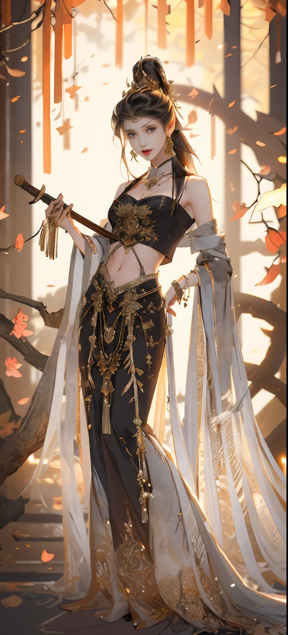 Beautiful details for girls,Very detailed eyes and face,beautiful eyes in detail,mega detailed,high resolutions,Very detailed,The best quality,illustration,exquisite detailing,Best quality,Very detailed CG,8k壁紙,A teenage girl,woods,Long black hair,a ponytail,Seven Show Sect,Red clothes,blossoms,Complex textures,streamers,navel,shoulders,Complex background,Full body like