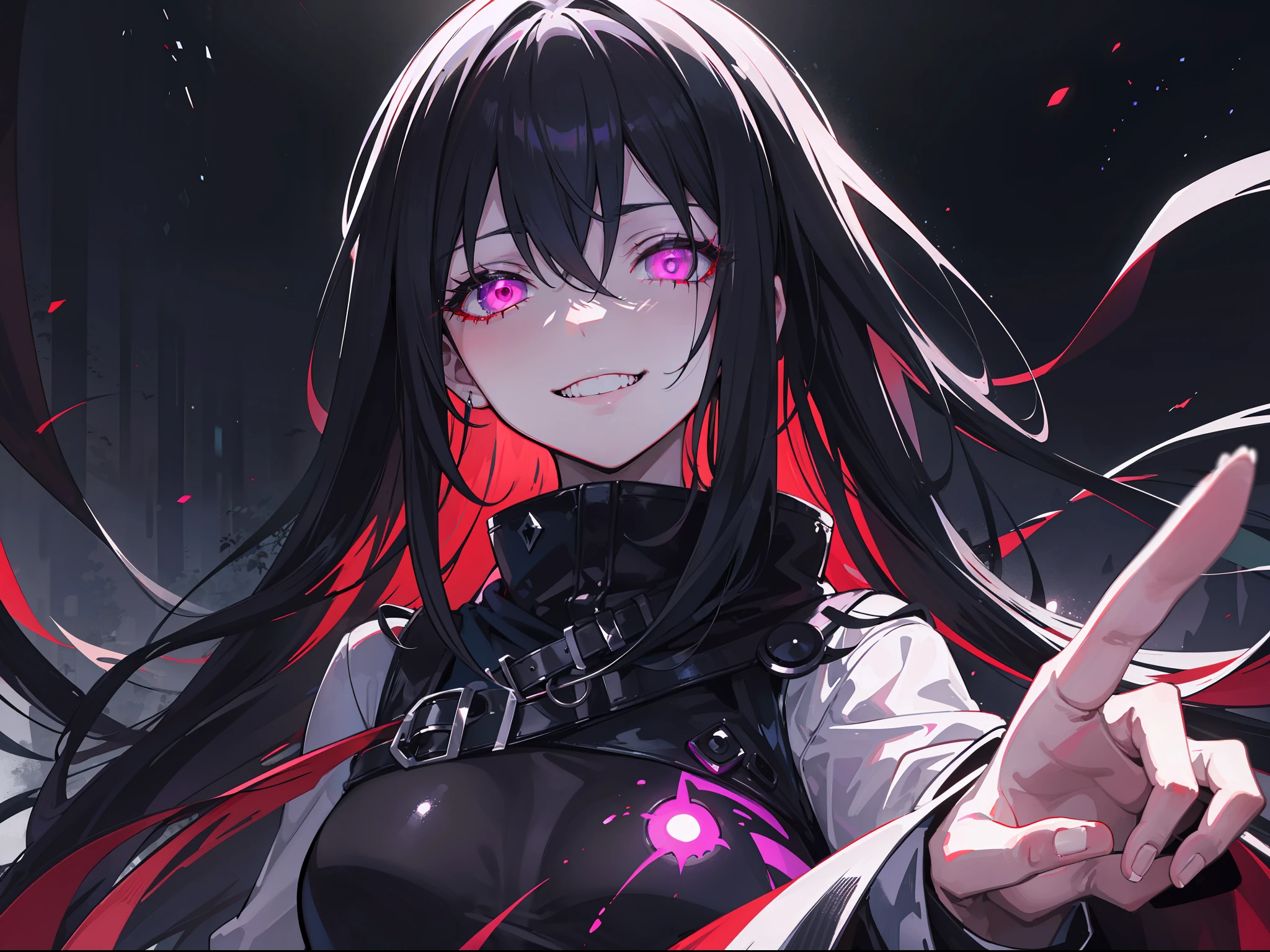 "Epic dark atmosphere, stunning 4k artwork featuring a confident black haired girl. Her captivating, glowing sharp purple eyes illuminate the scene. She was outside and looked on with glowing scary eyes and scary psychopath smile."