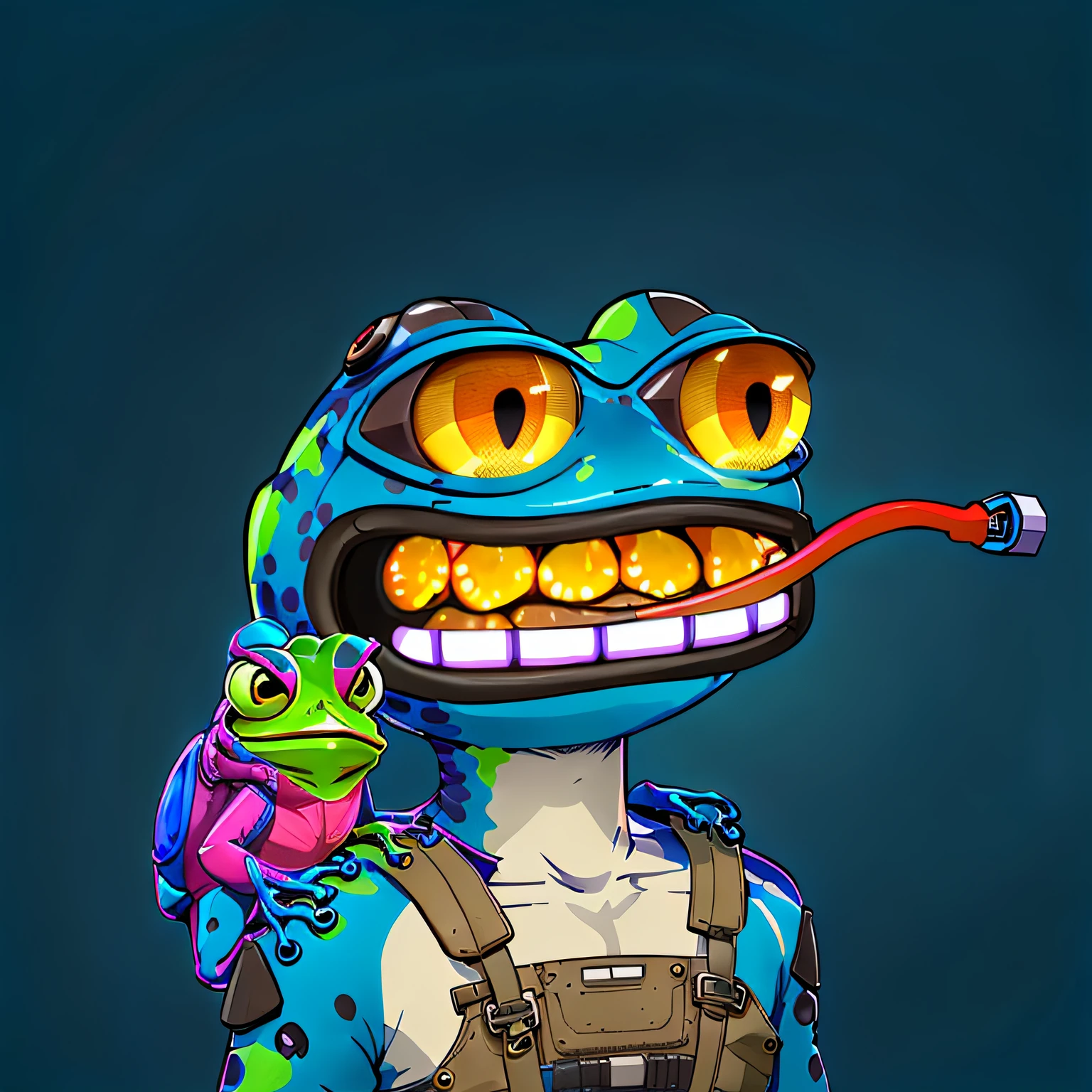 cartoon frog with a bird on his shoulder, cyberpunk frog, sci-fi lizard alien, portrait of pepe the frog, friendly guy and small creature, lizard person, nostalgia guy and small creature, 2 d illustration, 2D illustration, reptilian space alien, psychedelic frog, low detailed. Digital painting, alien frog, ancient neon monster portrait, 2d digital illustration