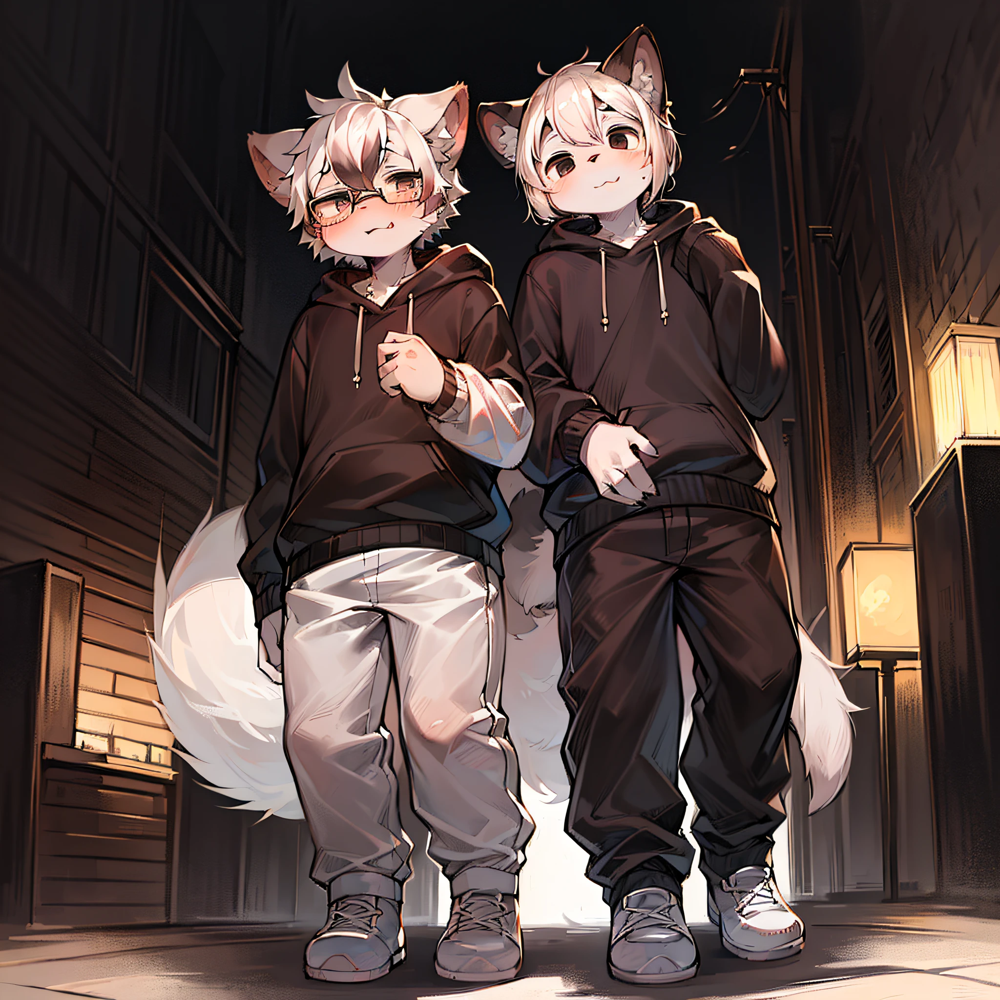 Masterpiece,high qualit,abstract res,Digital painting\(artworks\), By Dagasi, Yupa,Kiyosan,(anthro,Fluffy fur,Character focus:1.2),anthro male cat,Short hair,Portrait , Bright eyes, Panoramic view, Character focus.(Detailed background:0.7), 独奏, shaggy, Hairy male, Male focus, anthr,(Full body fur, Fluffy tail, Black and white fur, Black eyes, Black and white hair:1.3), (mammal、White sweatshirt、White trousers、eye glass、Headset、White shoes:1.2),(During the Day、parque:1.1)