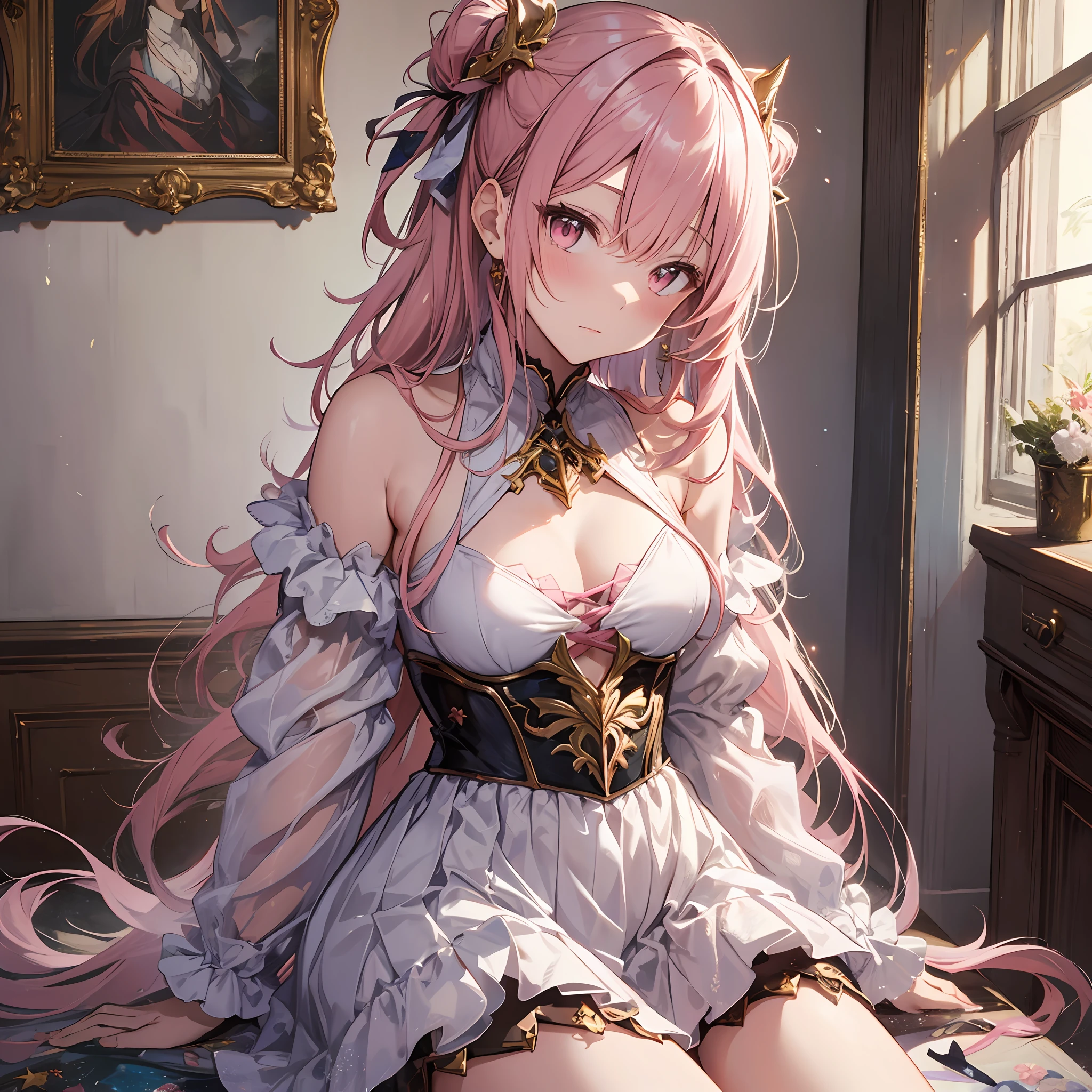 A masterpiece of literary text、best qulity、Asuna\(stars\)、1girls、armature、bare shoulder、blushed、breastplate、Pink eyes、Pink hair、Luxurious dresses、Short skirt、Lambent Light、slong hair、Watch your audience、Golden Ribbon、ribbons、scabbard、White dress ponytails Hairy hair Castle room Room with atmosphere small tits