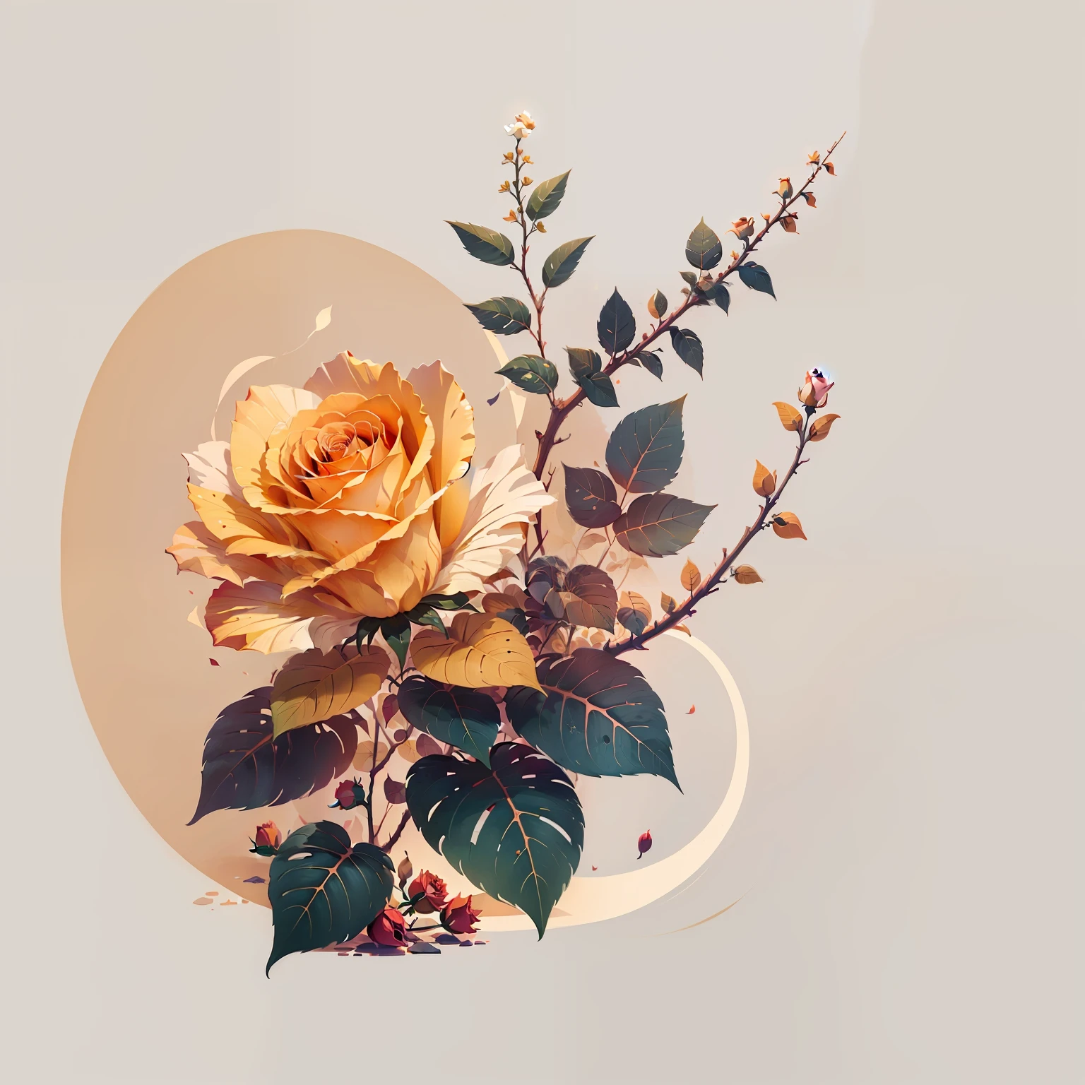 A twig with a rose flower of light yellow color on a white background, Rose of delicate color, Style Illustrator, lots of detail, whitebackground, Clear lines, Clear contours, Flat image, 2D, 4k