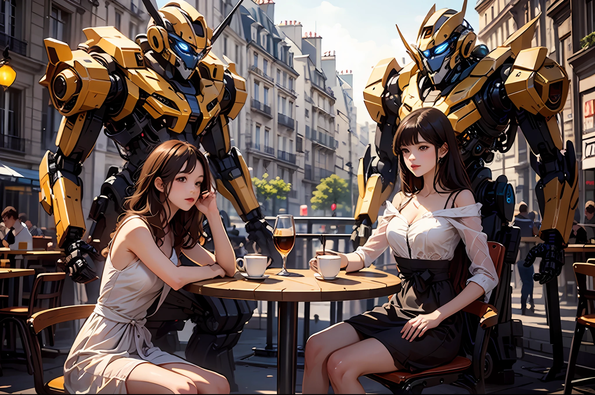 ((masterpiece, best quality)), ultra detailed illustration, a sharply designed humanoid mech, drinking coffee with a beautiful young woman in a dress, parisian cafe, facing each other, waist up, photorealistic, bright colors, clean lines, excellent lighting, morning