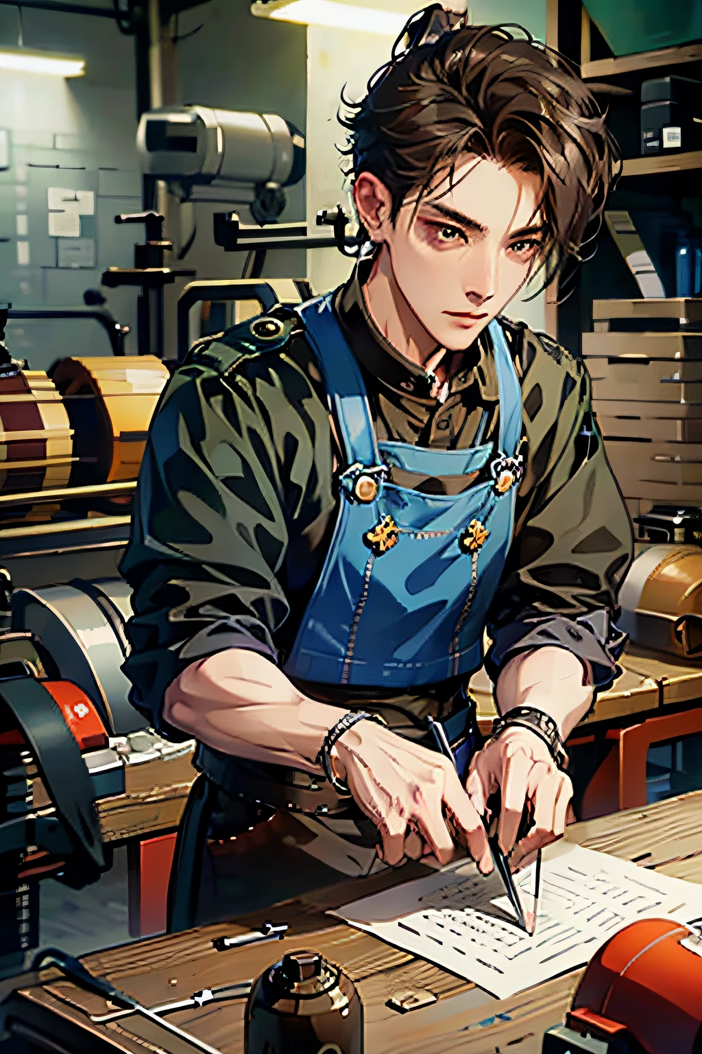 (high - resolution，hyper detailed，hdr), master-piece, best qulity, fantasy，1boys, 独奏, Handsome, Dark brown hair, Fine eyes and detailed face, Embellished with a black shirt, Pale and fair complexion, Modern clothes，Ear stitching, Factory environment, The hand is hammering the screw，Sit in the workshop and work,Ordinary workers , The background is an urban factory, Work hard，