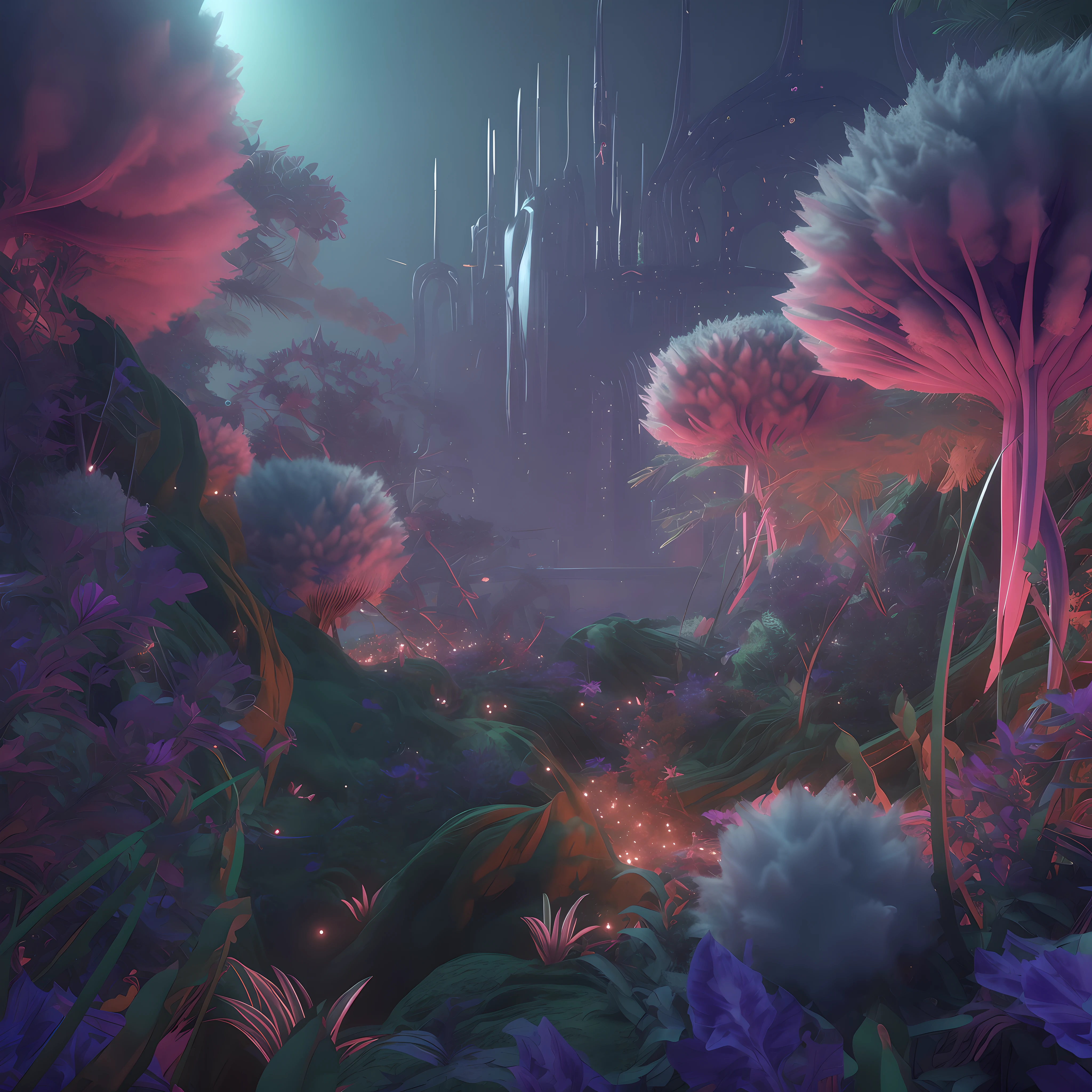 there is a picture of a fantasy forest with a castle in the background, lush alien landscape, fantasy magical vegetation, lost in a dreamy fairy landscape, stuning fantasy 3 d render, fantasy overgrown world, epic dreamlike fantasy landscape, beautiful render of a fairytale, rich diverse lush alien world, magical colors and atmosphere, fantasy 3 d render