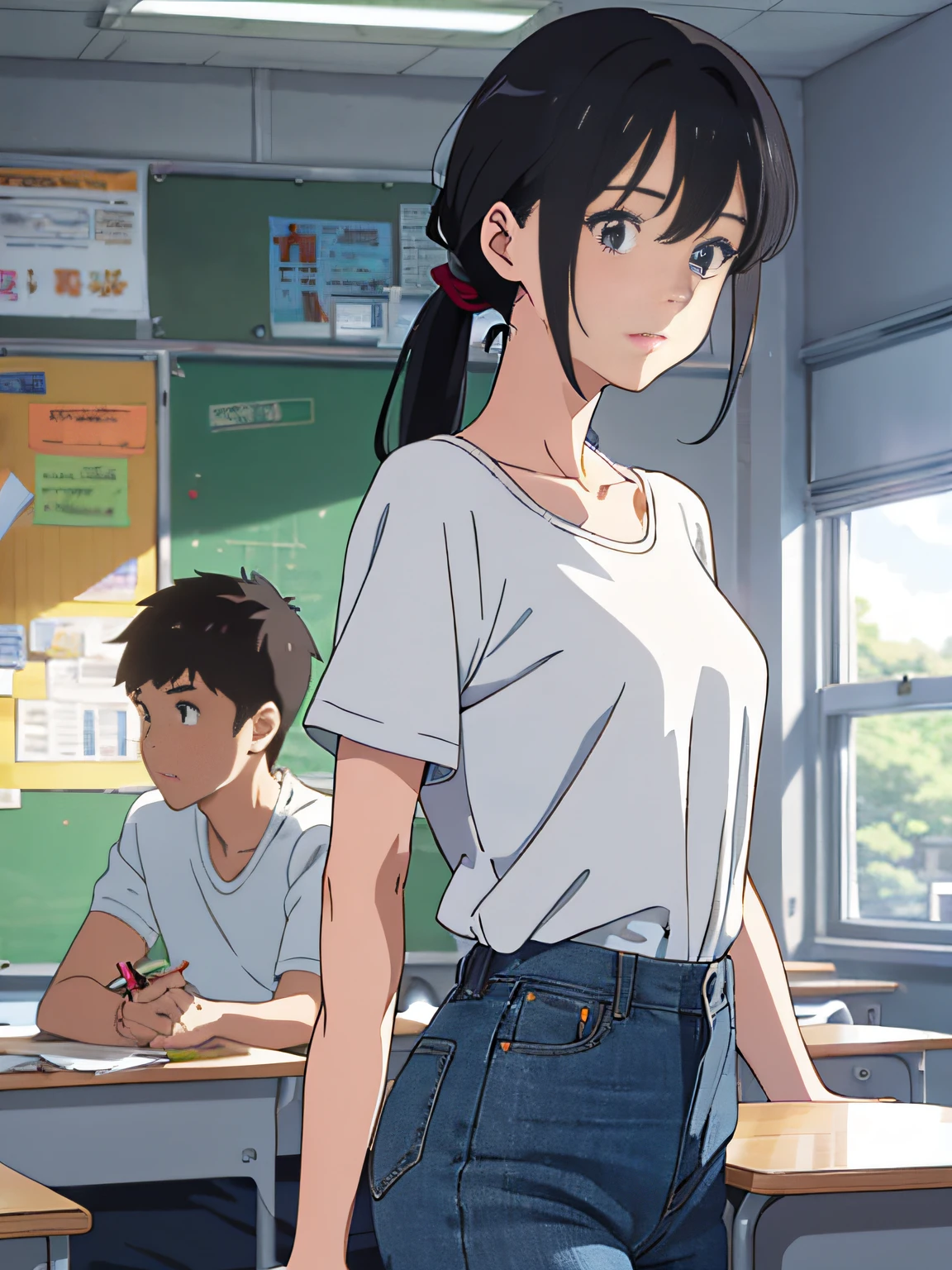 high picture quality、High-resolution CG illustrations、White T-shirt、Blue Jeans、Girl with black hair tied back、classroom at school、friend、Anime Style --auto