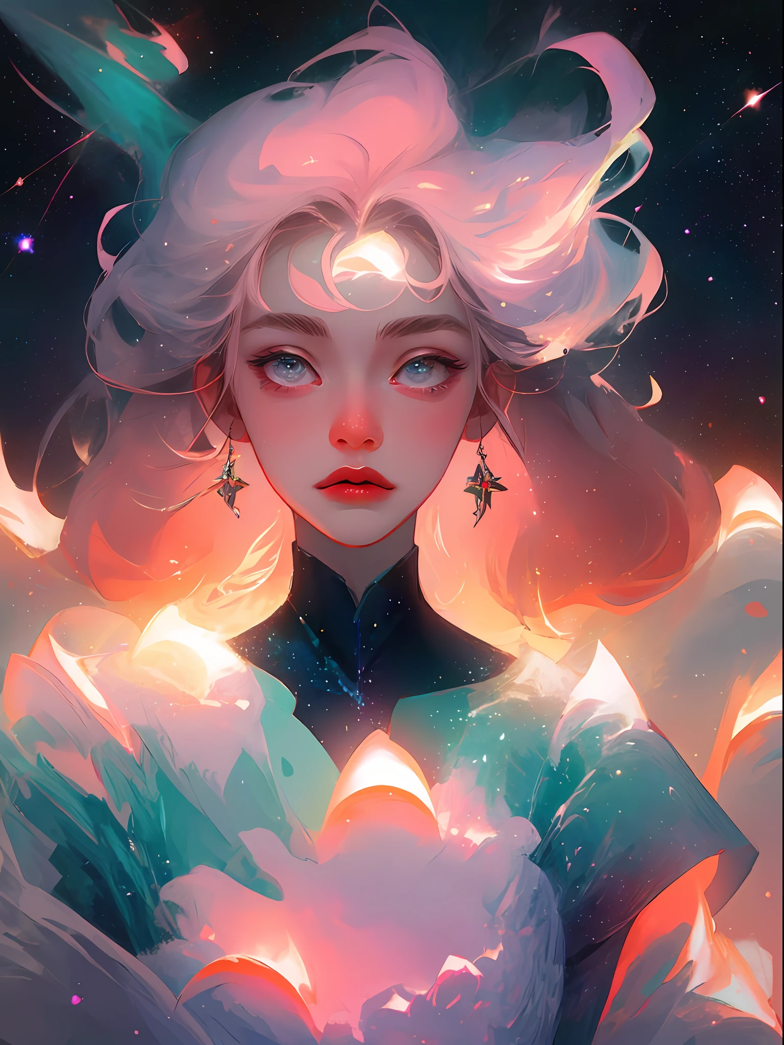 celestial goddess， afloat， Pink-white clouds， galaxias， nebulas，Integrate with the cloud，Warm white，Portrait photo，Pastel background，