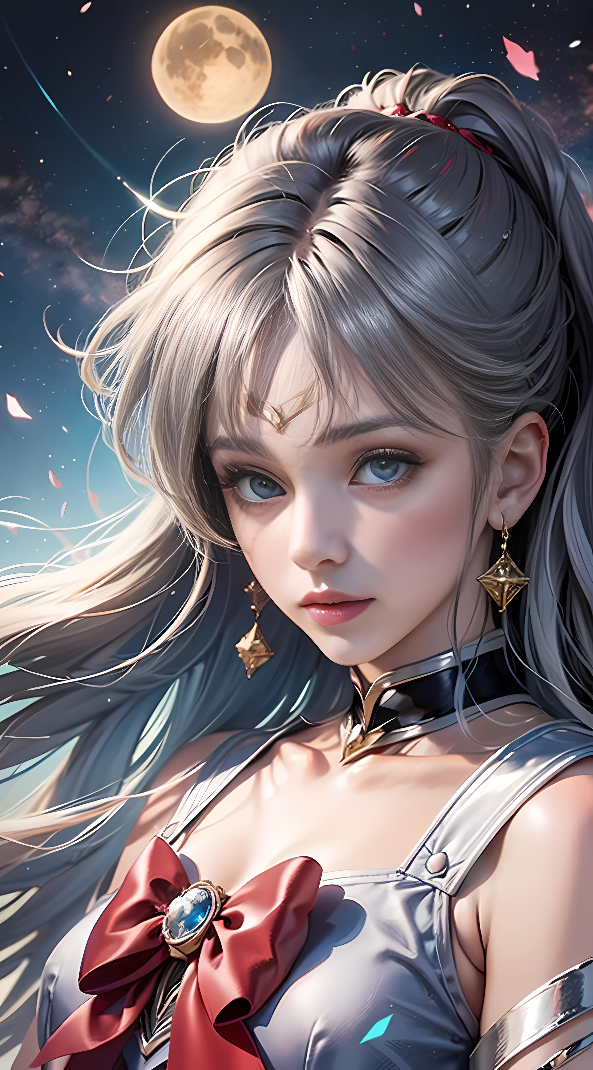 Ultra high quality，8K，Don't miss your fingers，1girls，Sailor Moon，Silvery hair，Sailor suit，Close-up of the head，minskirt,the sun is shining wide shot