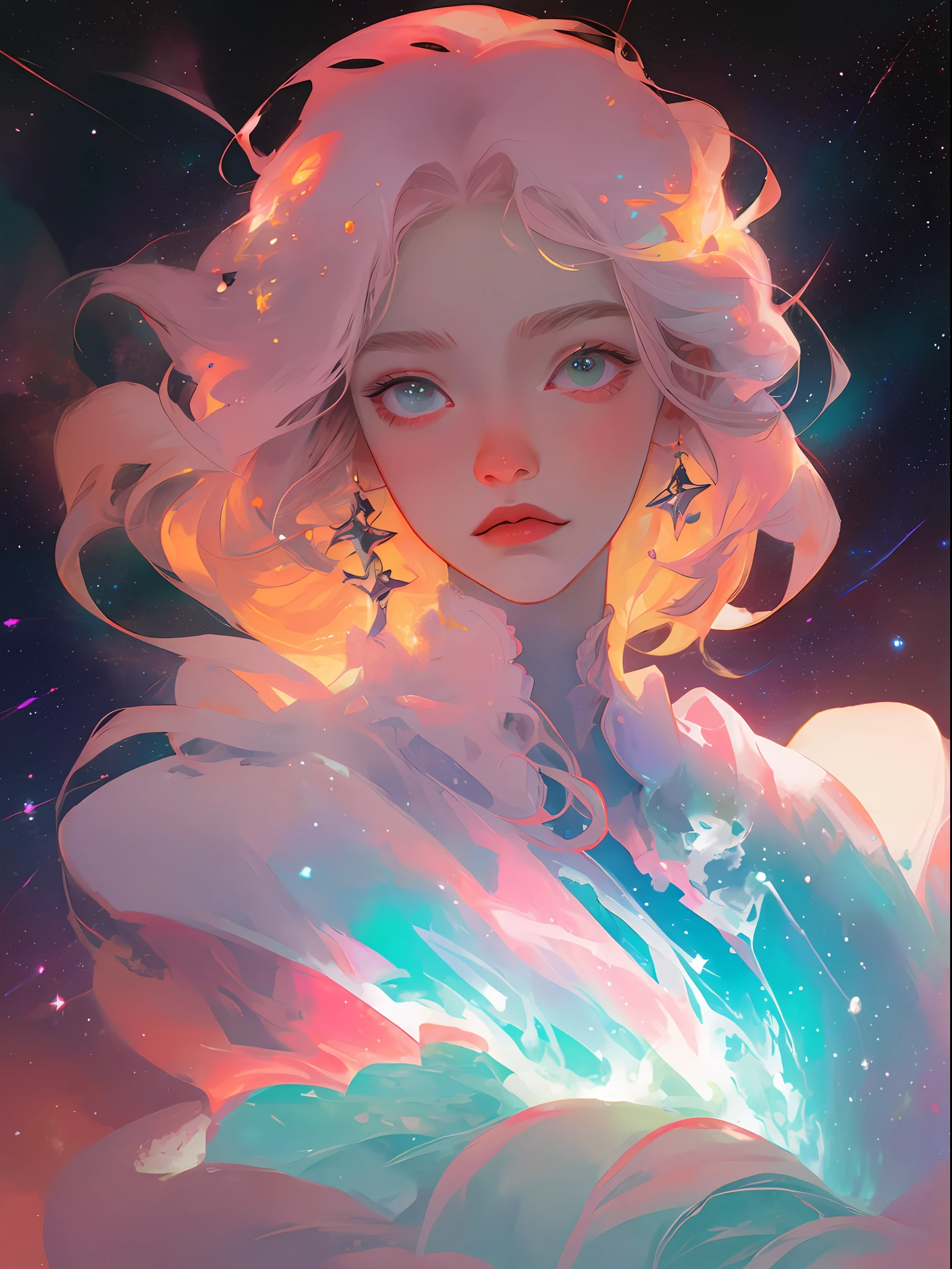celestial goddess, afloat, Pink-white clouds, galaxias, nebulas,Integrate with the cloud,Warm white,Portrait photo,Pastel background,