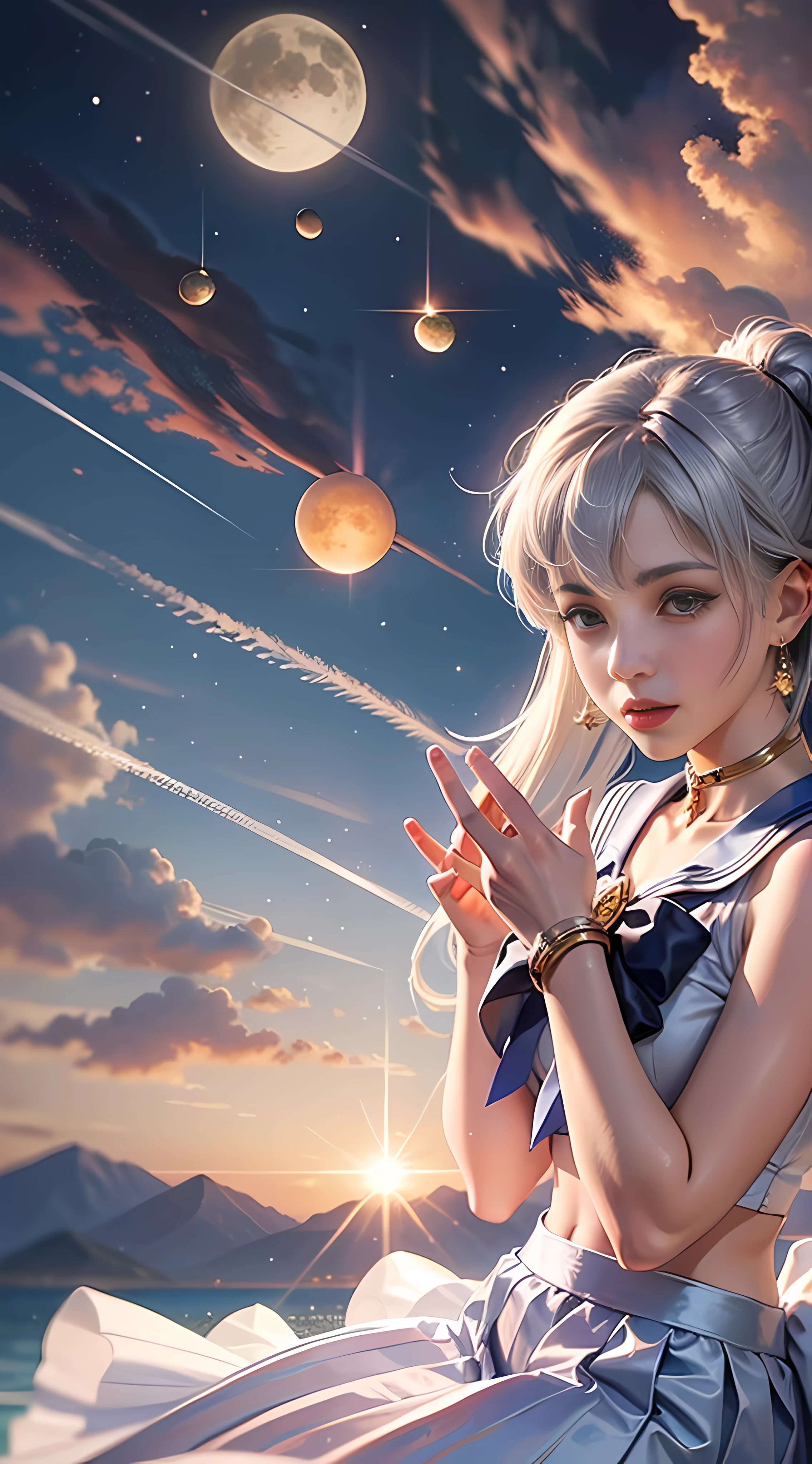 Ultra high quality，8K，Don't miss your fingers，1girls，Sailor Moon，Silvery hair，Sailor suit，Close-up of the head，minskirt,the sun is shining wide shot