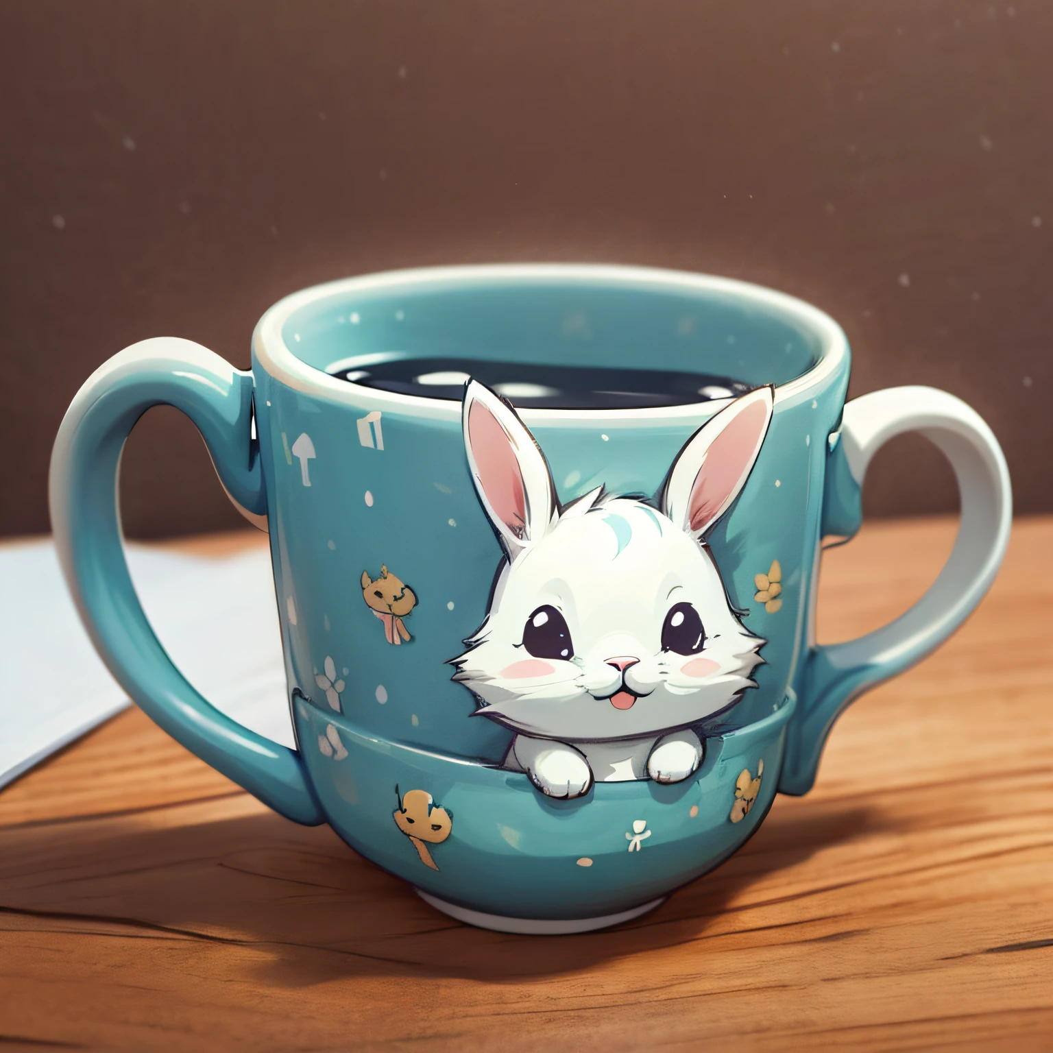 estilo dos desenhos animados，Fine line style，A mug with a rabbit pattern on the body