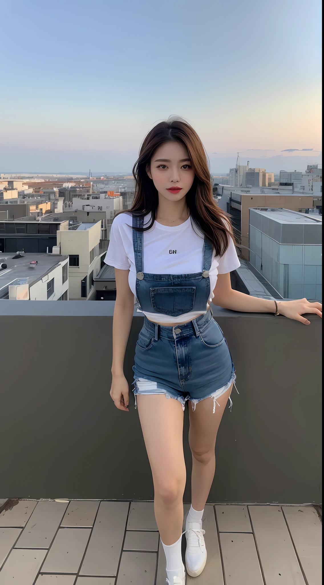 ((Midnight, Best quality, 8k, Masterpiece :1.3)), Whole body, Long legs, Sharp focus :1.2, A pretty woman with perfect figure :1.4, Slender abs :1.1, ((Dark brown hair, Big breasts :1.2)), (White tight tshirt, Jean bib, Standing:1.2), ((Night city view, Rooftop:1.3)), Highly detailed face and skin texture, Detailed eyes, Double eyelid