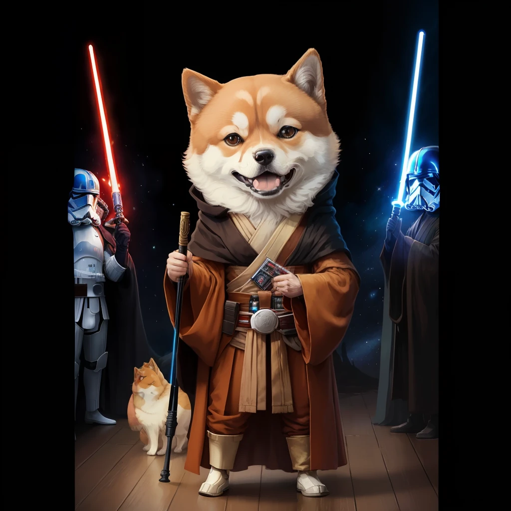Star wars、Shiba Inu in Jedi clothes、Jedi Master Shiba Inu、Charming、Looks fun、Looks happy、Niō Standing、Strong body、Photos of only one animal、a Pretty、Anime Style --auto
