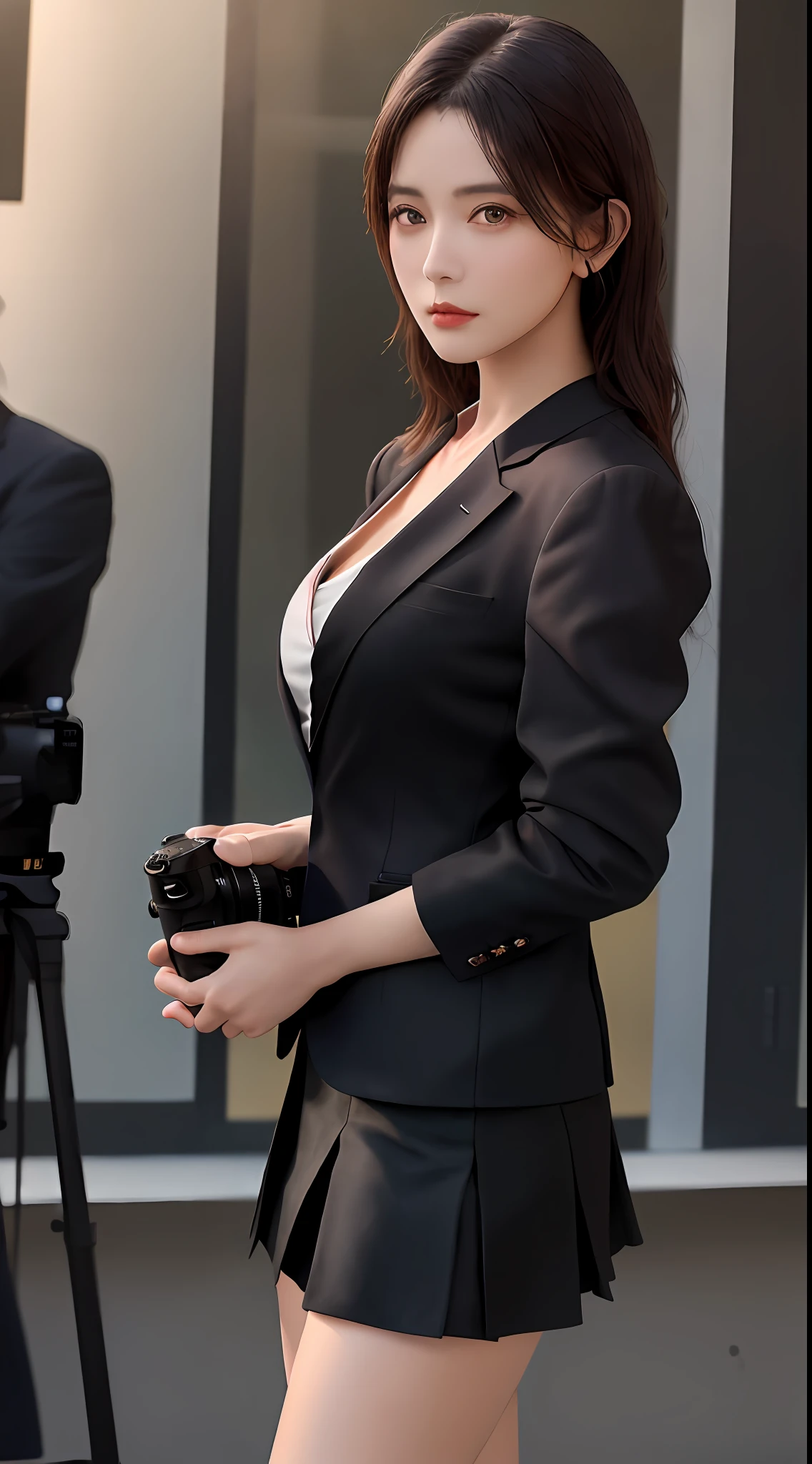 best quality, masterpiece, 1girl, Beautiful face, (photo realistic:1.3), rim lighting, (high detailed skin:1.2), 8k uhd, dslr, high quality, high resolution, 4k, 8k, Bokeh, absurdres, best ratio four finger and one thumb, (realistic:1.3), cute 1girl, wearing black formal blazer, medium breasts, short skirt,