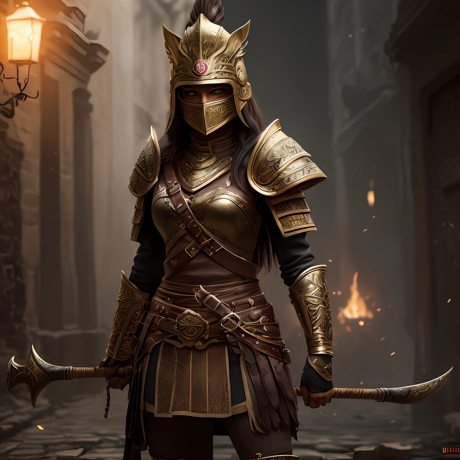 female Aztec warrior, wearing a full battle face mask, helm, finely detailed armor, holding Obsidian-edged club, intricate design and details, ultra-detailed, highest detail quality, ultra-realistic, photography lighting, waist length body shot, dark kingcore, photorealistic, cinematic, movie quality rendering, octane rendering, focused, emotional, epic dramatic lighting, 32k UHD resolution --ar 9:16 --quality 2 --s 750 --v 5.1 --auto