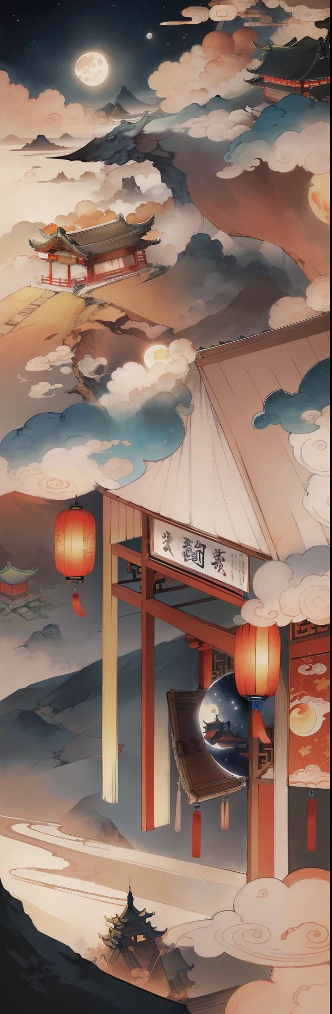 Ancient Chinese landscapes,ancient buildings,Pavilions,Carved beams and paintings,enchanting scenery,night,moon rays,Layered, rich light and shadow,mid-autumn festival, Ink painting style,clean color,Low-saturation colors,Colors of low brightness,Decisive cut,Leave white space,Freehand,master-piece,is super detailed,Epic composition, Maximum quality,The ultra-Realistically,Art by Artgerm --v 6