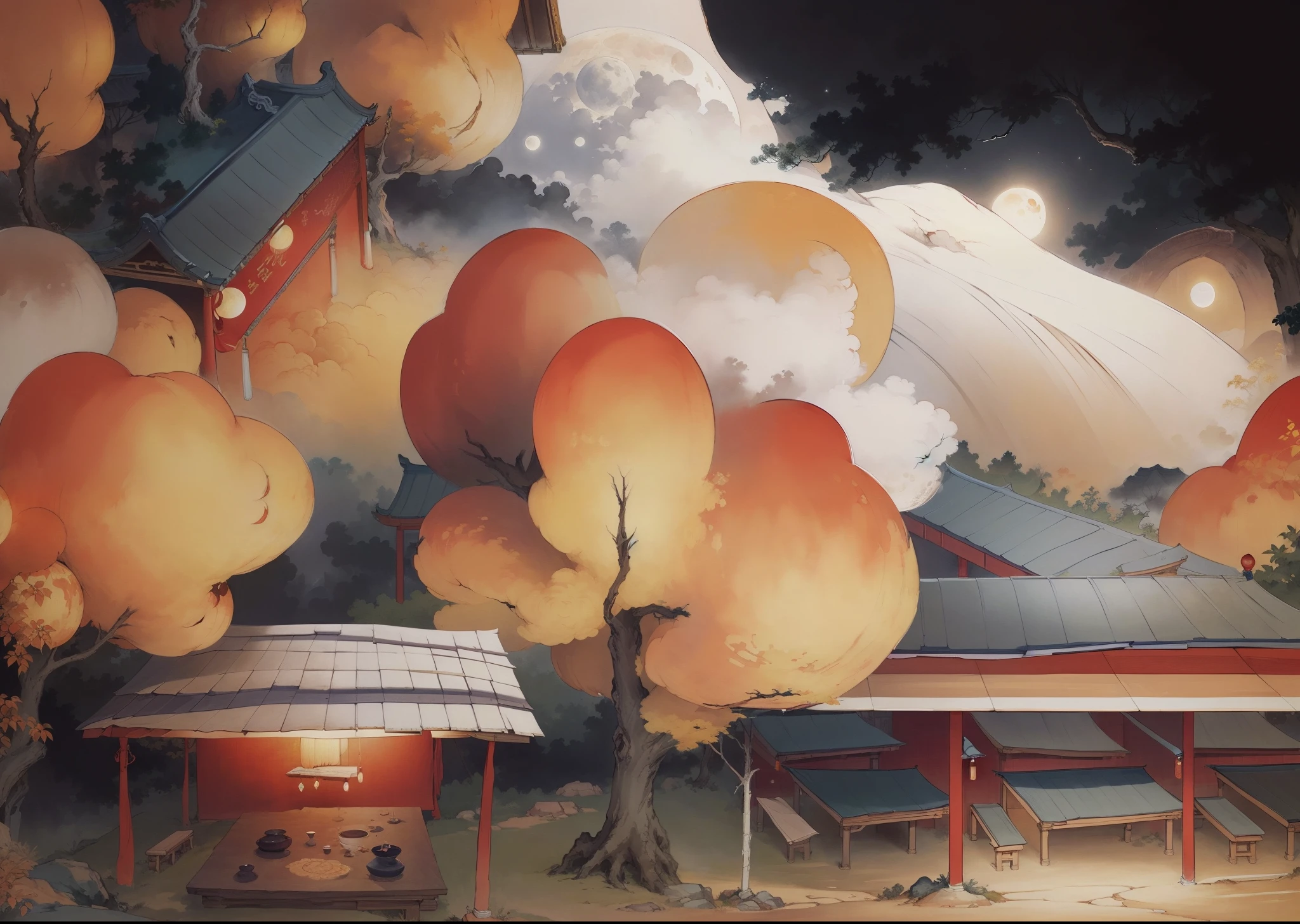 Ancient Chinese landscapes，ancient buildings，Pavilions，Carved beams and paintings，enchanting scenery，night，moon rays，Layered, rich light and shadow,mid-autumn festival, Ink painting style，clean color，Low-saturation colors，Colors of low brightness，Decisive cut，Leave white space，Freehand，master-piece，is super detailed，Epic composition,  Maximum quality，The ultra-Realistically，Art by Artgerm --v 6