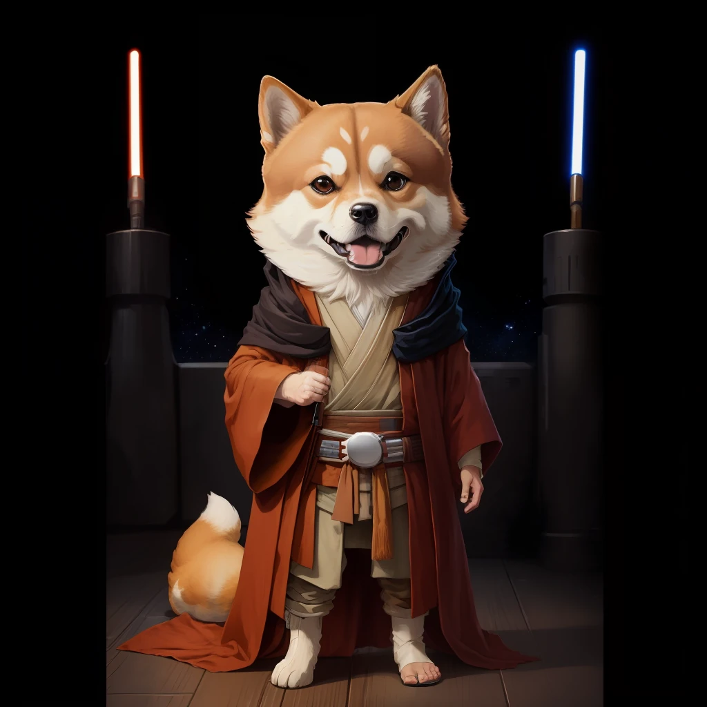 Star wars、Shiba Inu in Jedi clothes、Jedi Master Shiba Inu、Charming、Looks fun、Looks happy、Niō Standing、Strong body、Photos of only one animal、a Pretty、Anime Style --auto