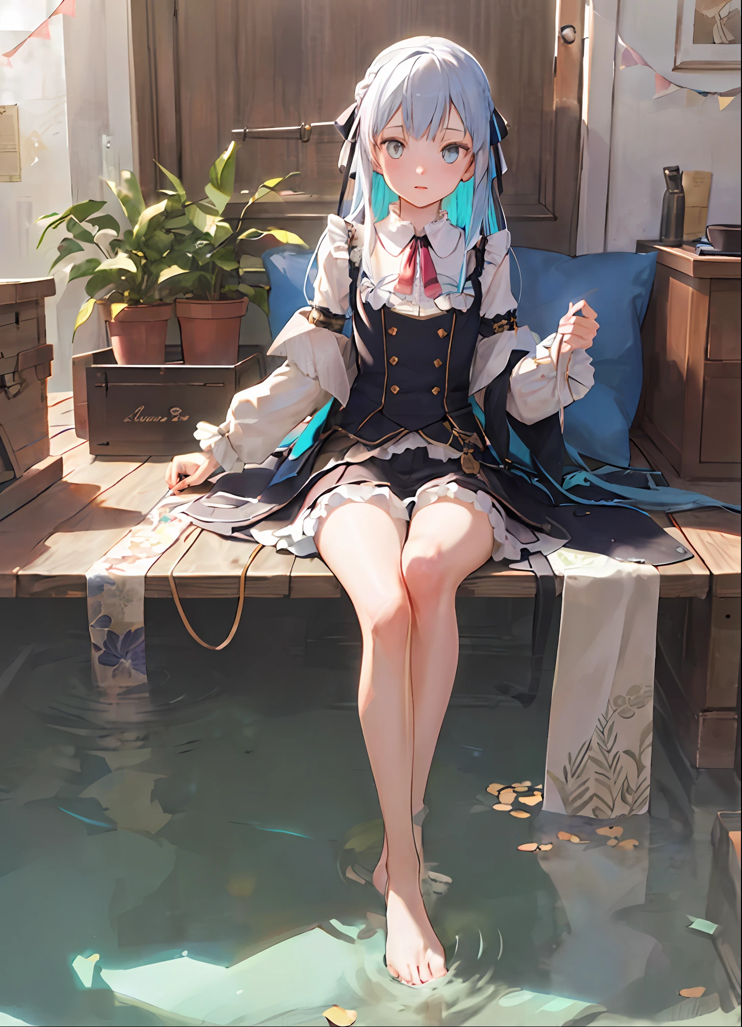 (masterpiece, best quality), (1girl with white long hair, beautiful blue eyes, hair ribbon, collared shirt, bare feet, french braid, plant), (multicolored_hair:1.2), blue_hair|(white_hair:1.3), long_hair, petite, cute, outdoor, steampunk, (underwater:1.2), pillow, (fantasy, zero gravity, hair floating in water), volumetric lighting, detailed eyes, hyper detailed, highly detailed, beautiful, small details, ultra detailed, best quality, intricate, hyperrealism, sharp, digital illustration, detailed, realism, intricate, 4k, 8k, trending on artstation, good anatomy, beautiful lighting, award-winning, photorealistic, realistic shadows, realistic lighting, beautiful lighting, raytracing, intricate details, rule of thirds, masterpiece, (illustration:1.1), highres, (extremely detailed CG, unity, 8k wallpaper:1.1), beautiful face, highly detailed face, ultra realistic, masterpiece, bokeh, extremely detailed, intricate, zoomout, colorful, vibrant colors, perspective, backlight, detailed background