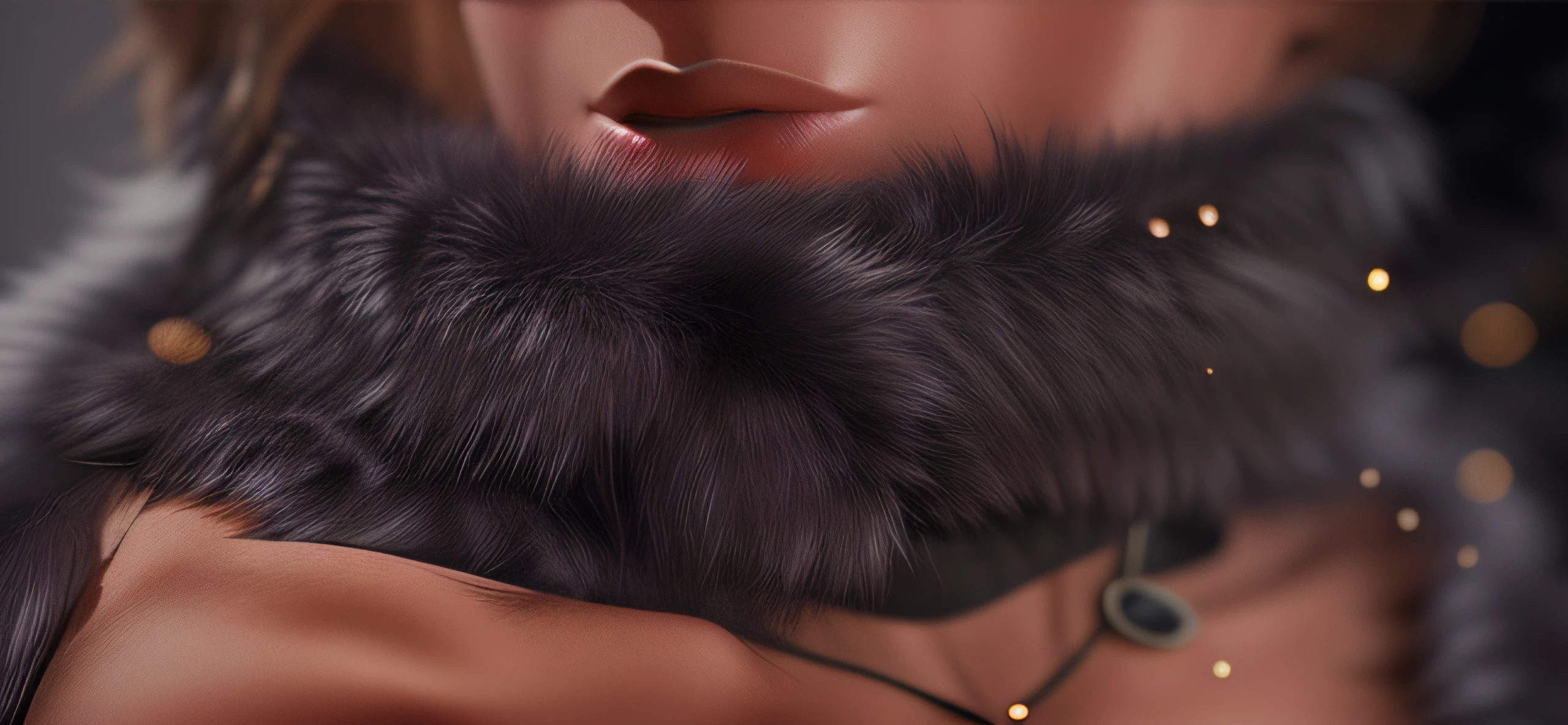 Fur belt, grey black animal fur, fluffy, bloom, ((cold light)), sharp focus, photo realistic, detailed skin, background out of focus, cinematic composition , ultra-detailed, realistic, hyper-realistic, volumetric lighting, 8k, trending on artstation,(from side:1.25)