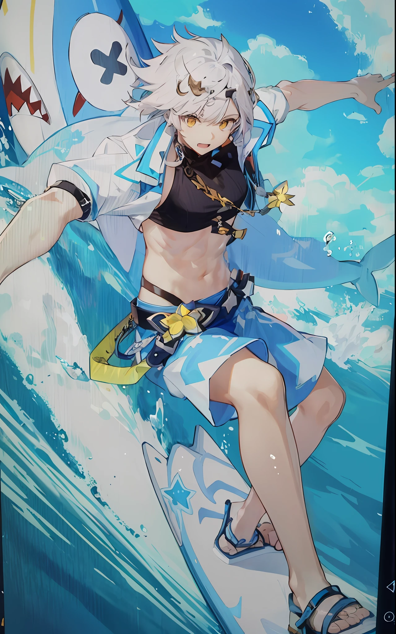 anime character on a surfboard in the water with a shark, 《genshinimpact》in the clear, come from《azur lane》video game, genshin impact character, genshin impact style, azur lane style, 《azur lane》role, Guilty Gear strives to splash art, Ayaka Genshin impact, 《Ghost Wind Special Assault Team》The art of pixels, from girls frontline