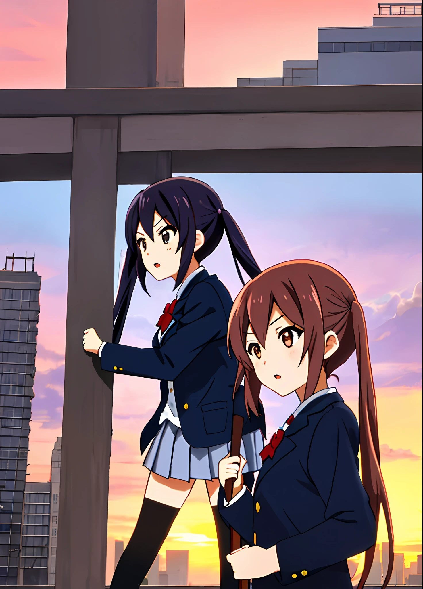 1girl, (((masterwork))), best qualiy, best qualiy, High Detail, Azusa Nakano, 1girl, Sakuragaoka High School Uniform, an instrument, Student uniform, twintails, slong hair, brunet, brown eyess, 独奏, reddish, Dark blue blazer with thin red ribbon, Solid white buttoned shirt under blazer, illutstration, cartoons, soothing tones, muted color, Soft cinematic light, adobe lightroom, photolab, HDR, Complex and highly detailed、(((Depth-of-field))))。(((masterwork)))。(((best qualiy))).)((Ultra-detail)))。(((illutstration)))。(((fighting stance))).(((dynamic focus))).(((Skyscrapers))).(((Streets))).(((Despair face))). open mouth.(((sunset))).(((sunsets))).(((Clench your fists))).(((Be proud))).(((small breasts))).