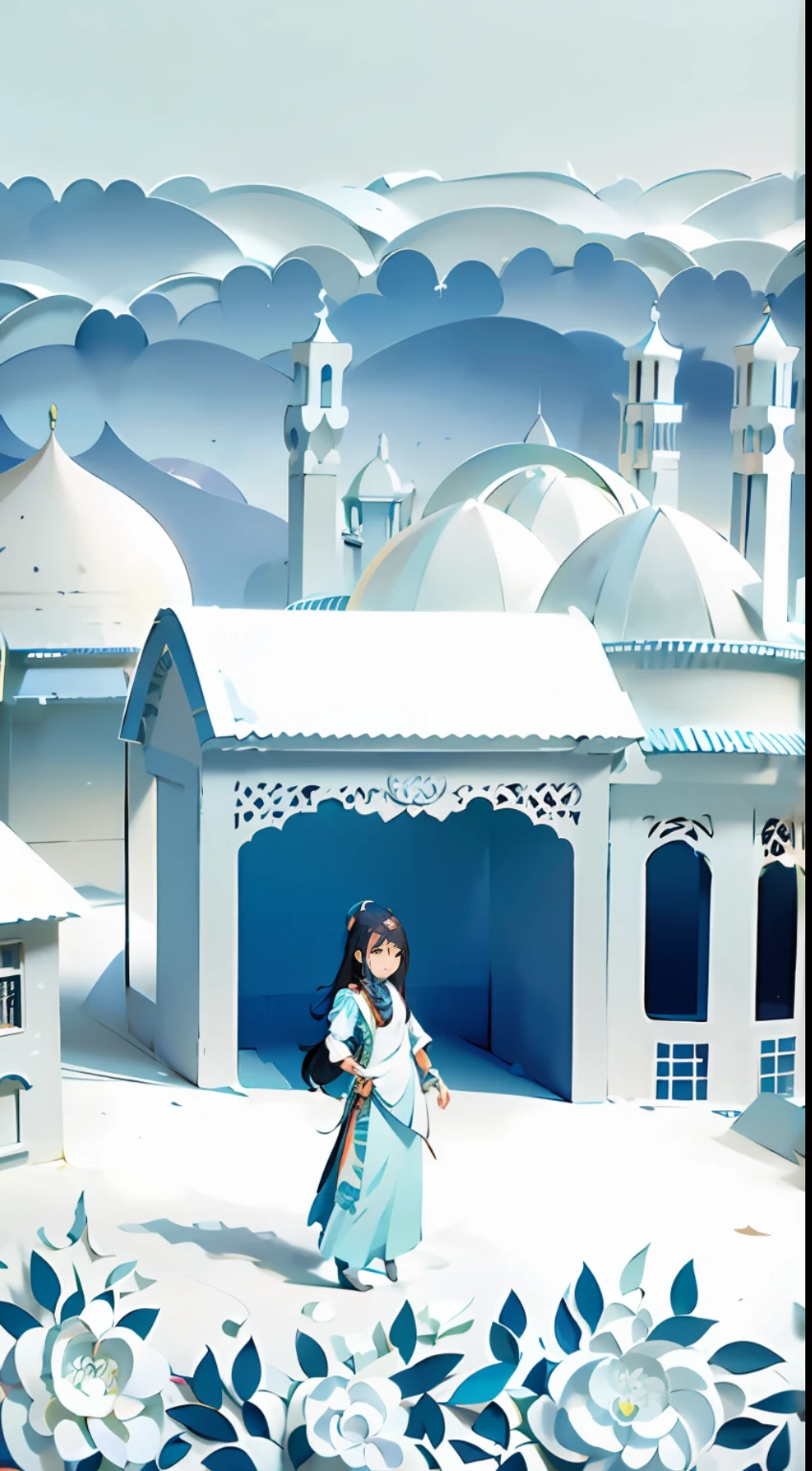 There is an Uzbek woman from China's ethnic minority standing outdoors in the snow, persian folkore artstyle, Stylized digital illustration, in style of digital illustration, persian folklore illustration, Flat illustration, inspired in hirohiko araki, Detailed 2D illustration, painting of samarkand, 2D illustration, 2 d illustration, holy city | illustration, Uzbek folktale art style