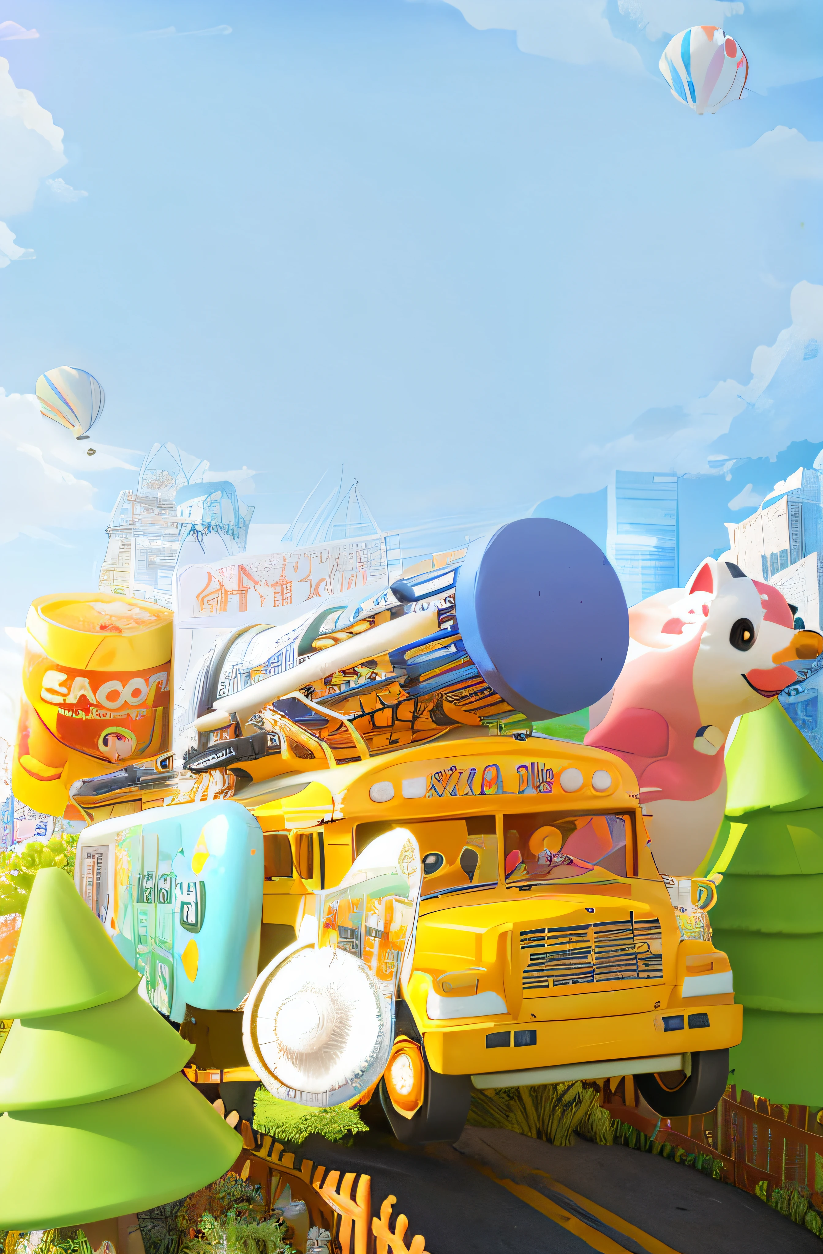 Cartoon bus，There is a bunch of objects on the roof, promotional render, Commercial illustration, toy advertisement, children's toy advertisement, promotional art, 3 d illustration, 3d illustration, Official artwork, smooth 3d illustration, smooth 3 d illustration, toy commercial photo, promo art, advertising photo, commercial banner, cute 3 d render, 3 d icon for mobile game --auto