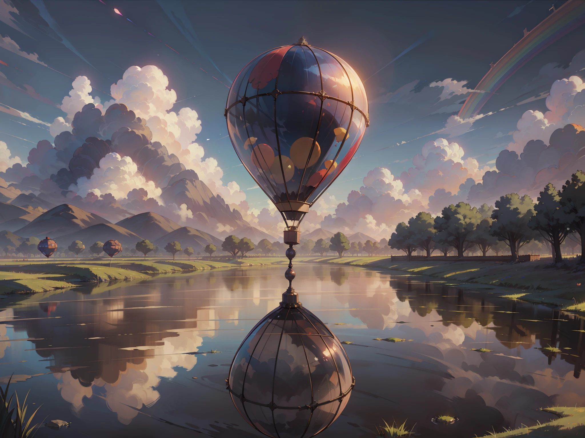 light tracing，8K，superclear，Wide-Angle，Clouds，sunlight reflection，high quallity，super-detail，castle，Balloon，Clouds，iridescence，Wide-Angle，early evening，Sunset，refraction，inspired by Cyril Rolando, Anime art wallpaper 4 K