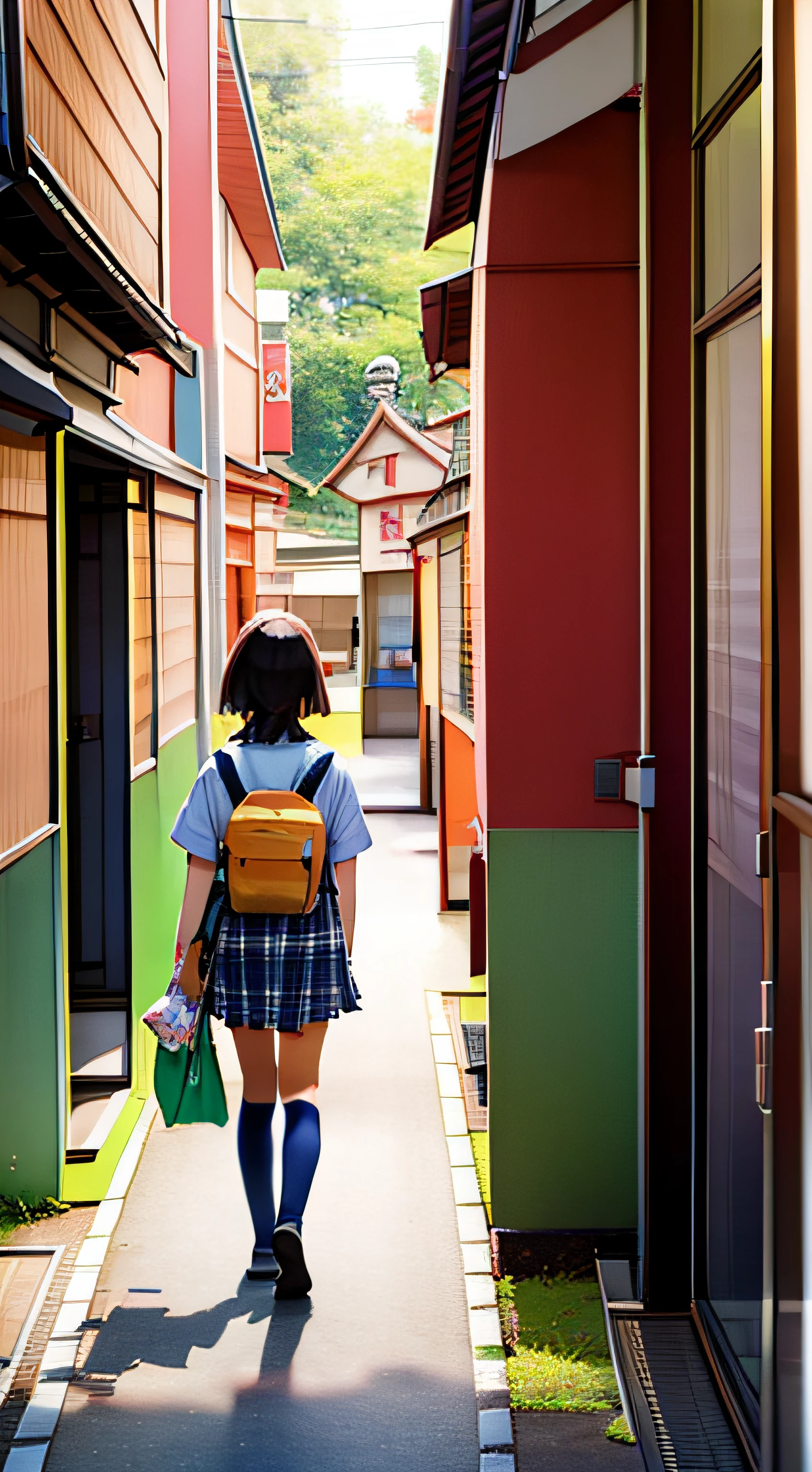 Elementary school girls、Red Randoseru、Illustration style、brunet、Japan people、4th grade elementary school student、Leaving school