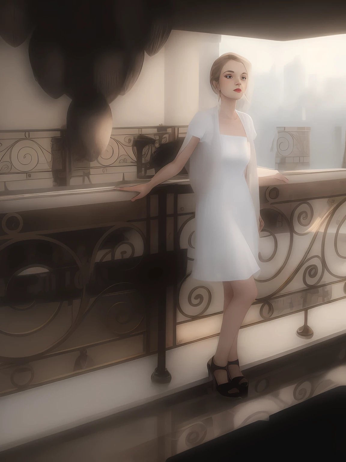 araffe woman in a white dress standing on a balcony, sofya emelenko, anastasia ovchinnikova, yelena belova, style of julia razumova, wearing a white folkdrakt dress, nico wearing a white dress, wearing an elegant dress, viktoria gavrilenko, alina ivanchenko, anna nikonova