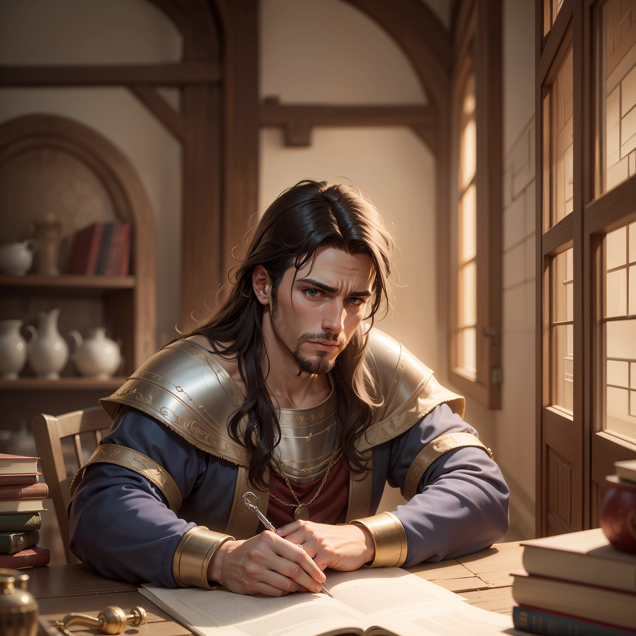 Homem, preocupado, dentro de casa, medieval, dia