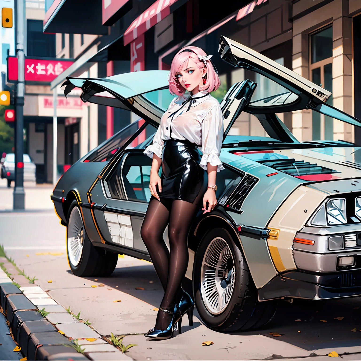 a woman standing in front of a time machine, (delorean car, time machine car), (Masterpiece, Best Quality, High Details), (HDR, high dynamic range), octane render, realistic, anatomically correct, high contrast, (detailed skin, detailed face, beautiful face, beautiful eyes, realistic eyes), pink hair, red lips, (white blouse, pencil skirt, black pantyhose, high heels)