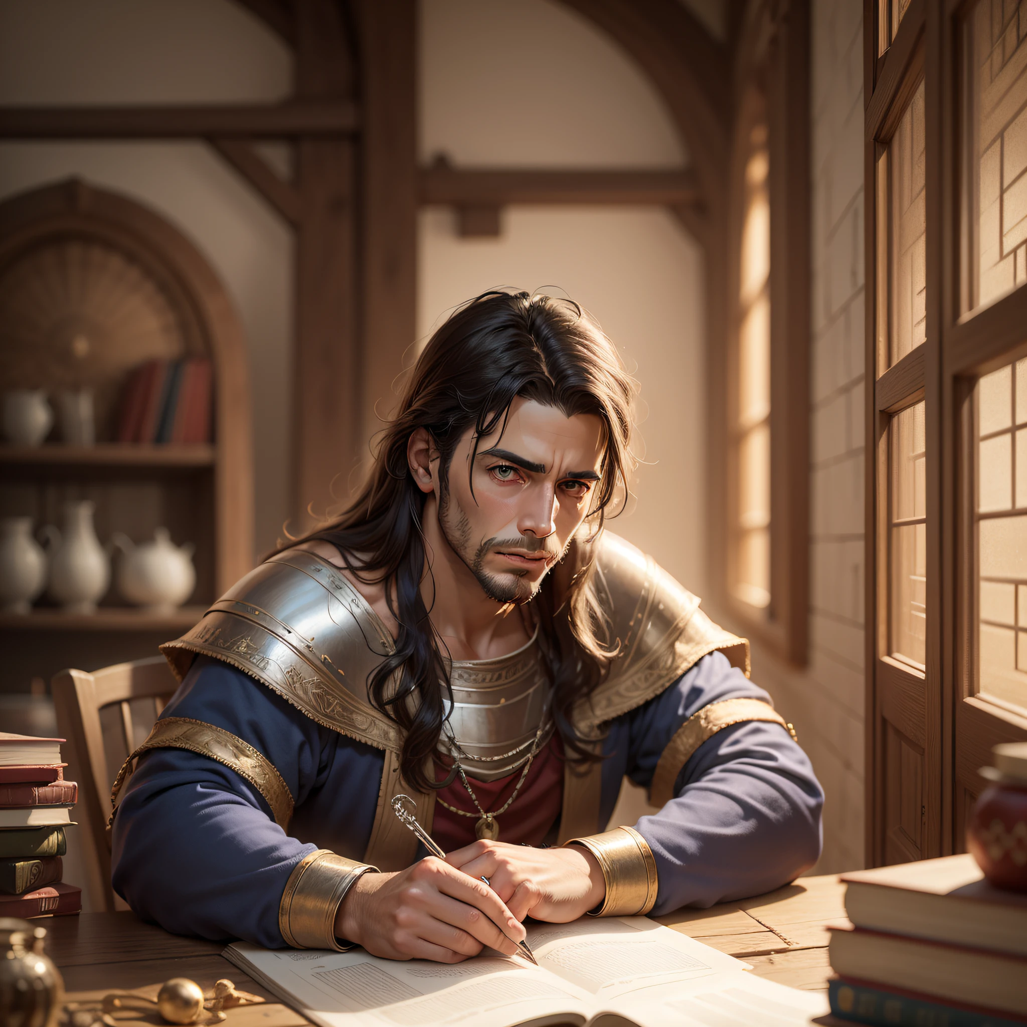 Homem, preocupado, dentro de casa, medieval, dia